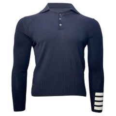 Thom Browne 4-Bar Long Sleeve Polo Shirt in Navy Blue Merino Wool