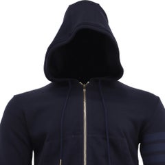 Thom Browne 4-Bar Zip-Up Hoodie in Navy Blue Cotton