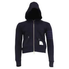 Thom Browne 4-Bar Zip-Up Hoodie in Navy Blue Cotton