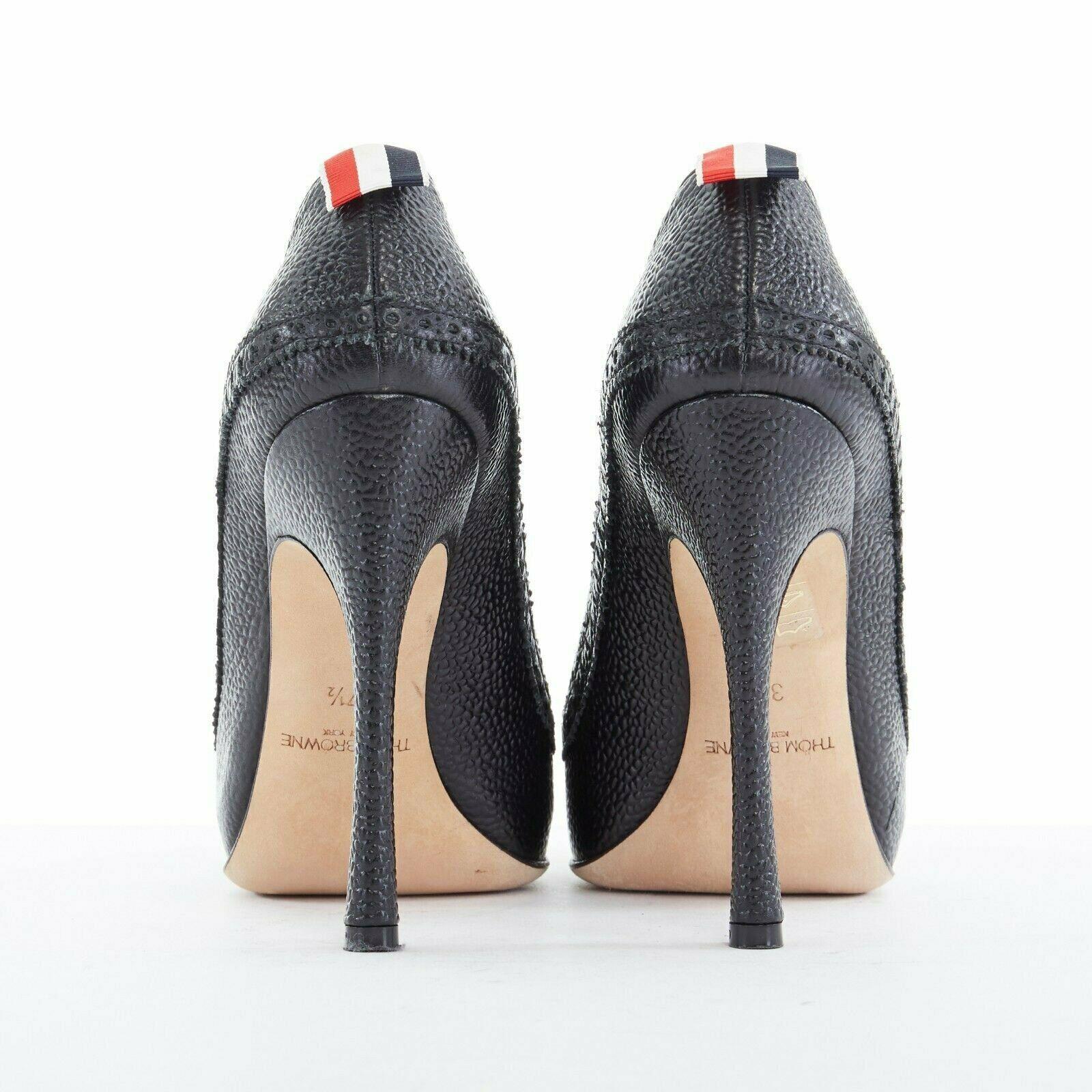 Women's THOM BROWNE black grained leather brogue inspired round toe heel EU37.5 US7.5 For Sale