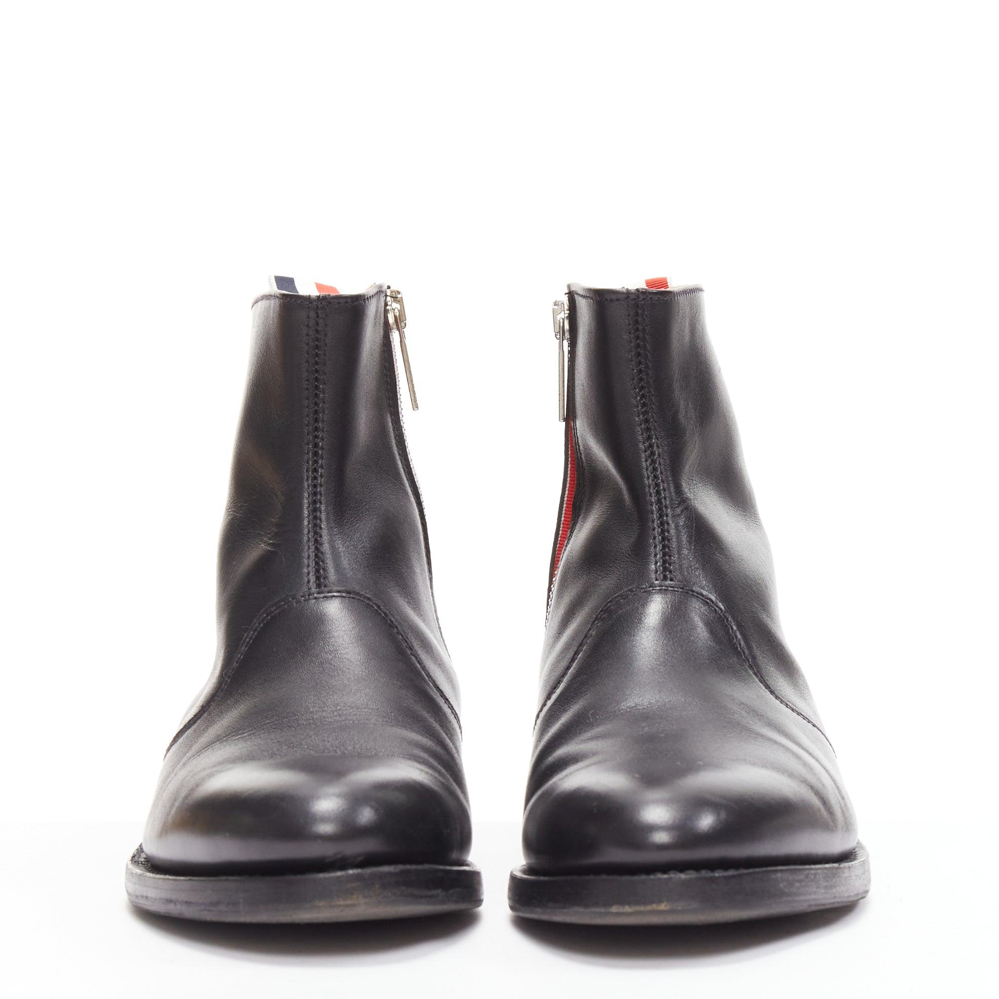 THOM BROWNE black leather red blue tab minimal zip ankle boots EU38 In Good Condition For Sale In Hong Kong, NT