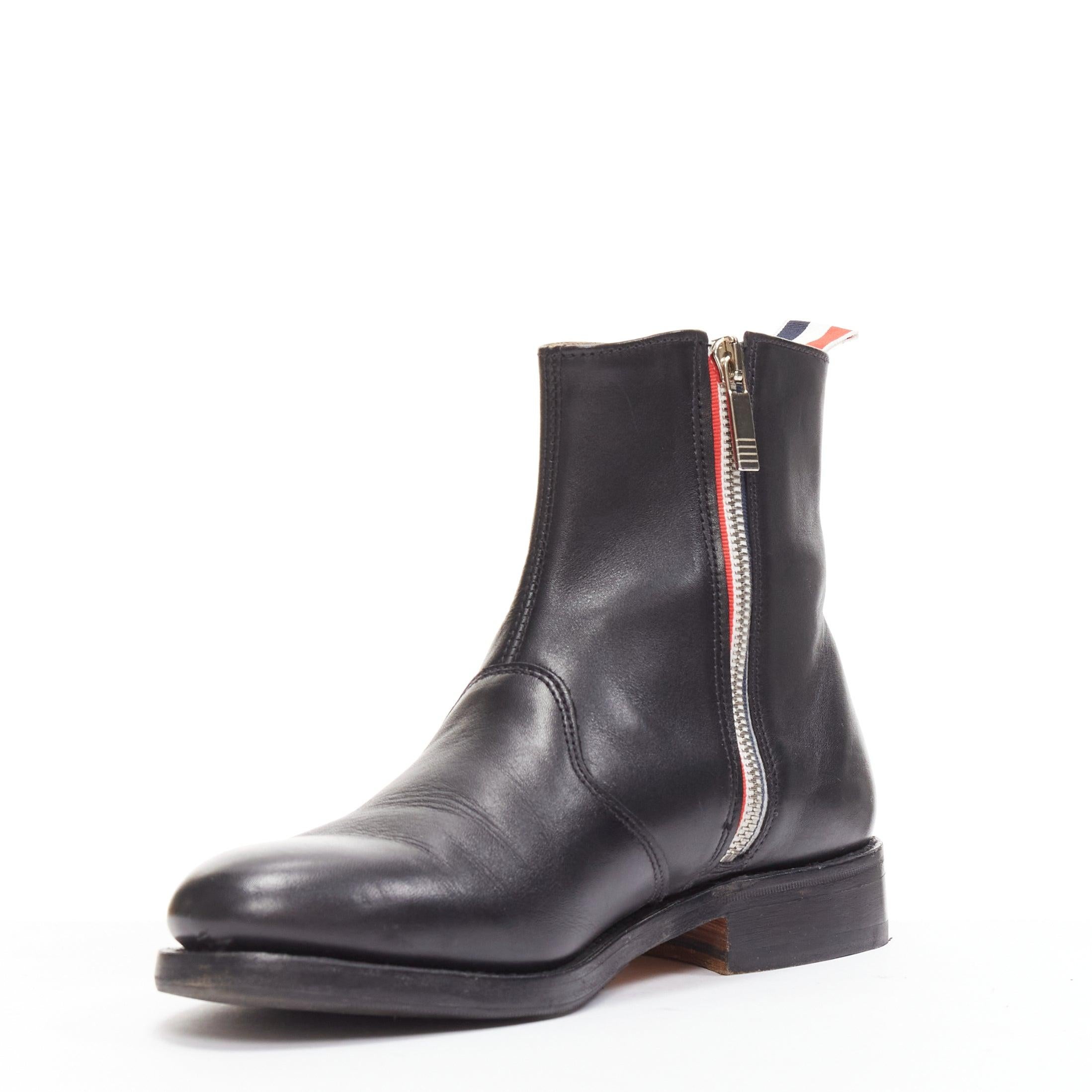 Women's THOM BROWNE black leather red blue tab minimal zip ankle boots EU38 For Sale
