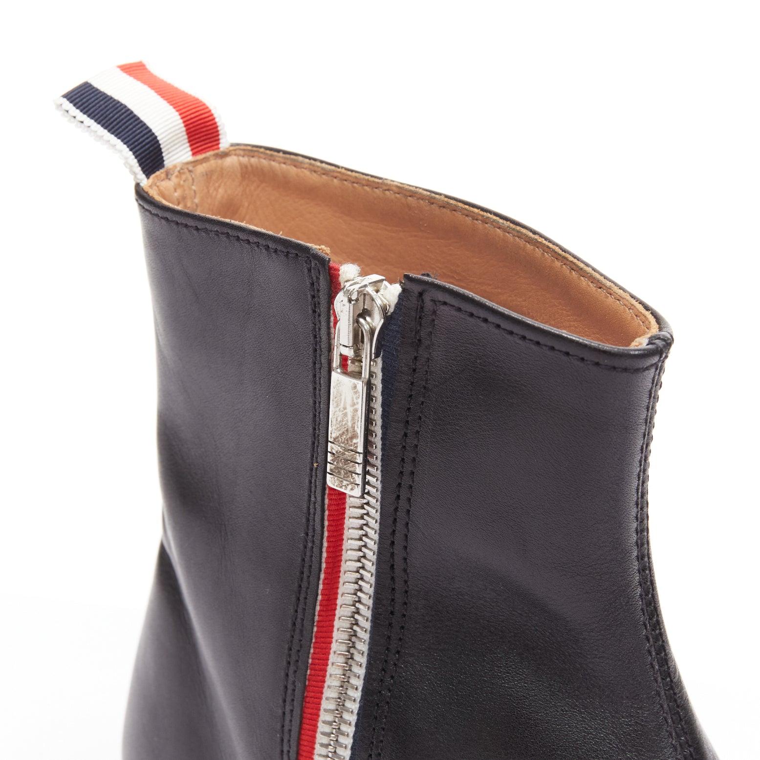 THOM BROWNE black leather red blue tab minimal zip ankle boots EU38 For Sale 4
