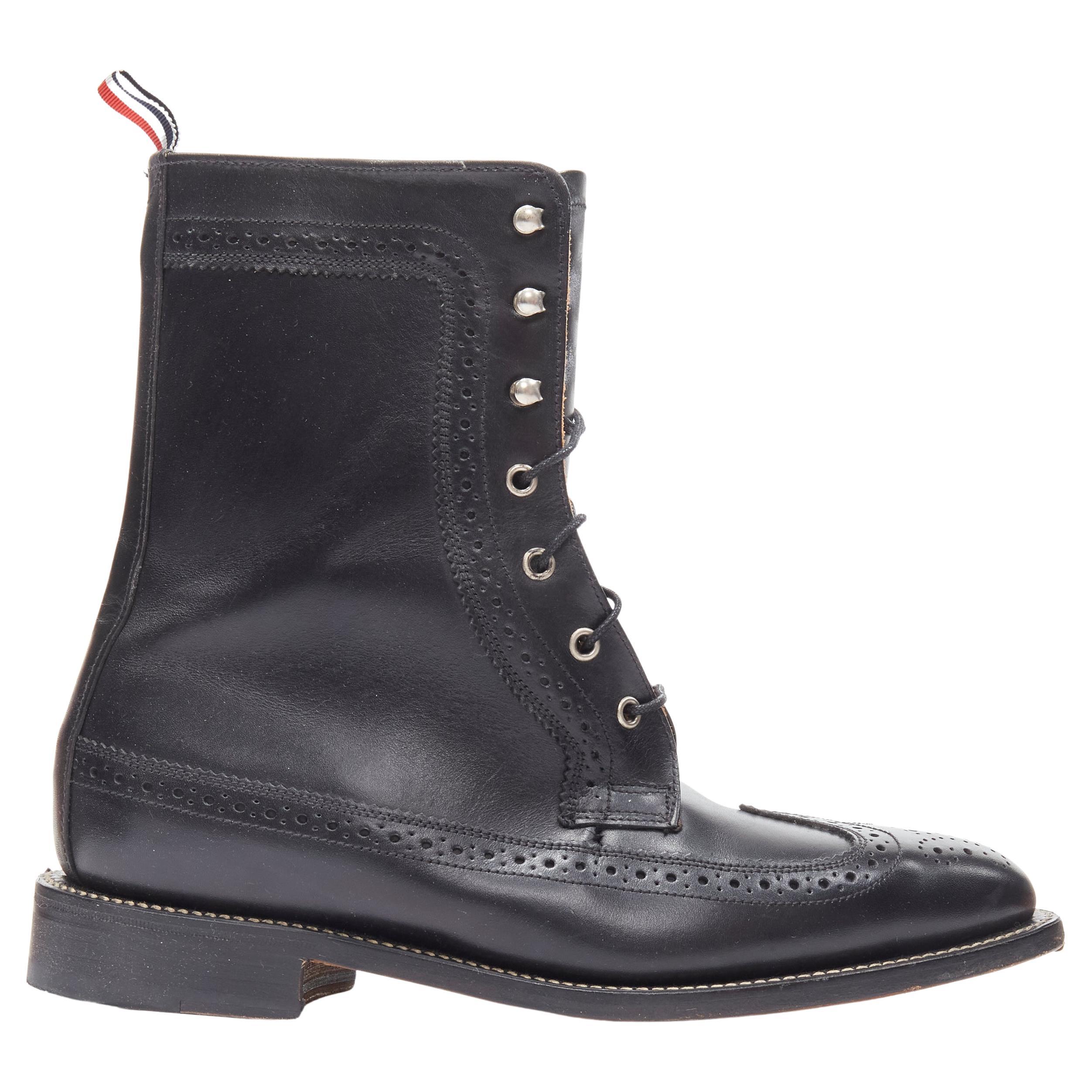 THOM BROWNE black perforated brogue lace up Classic Longwing boot EU39