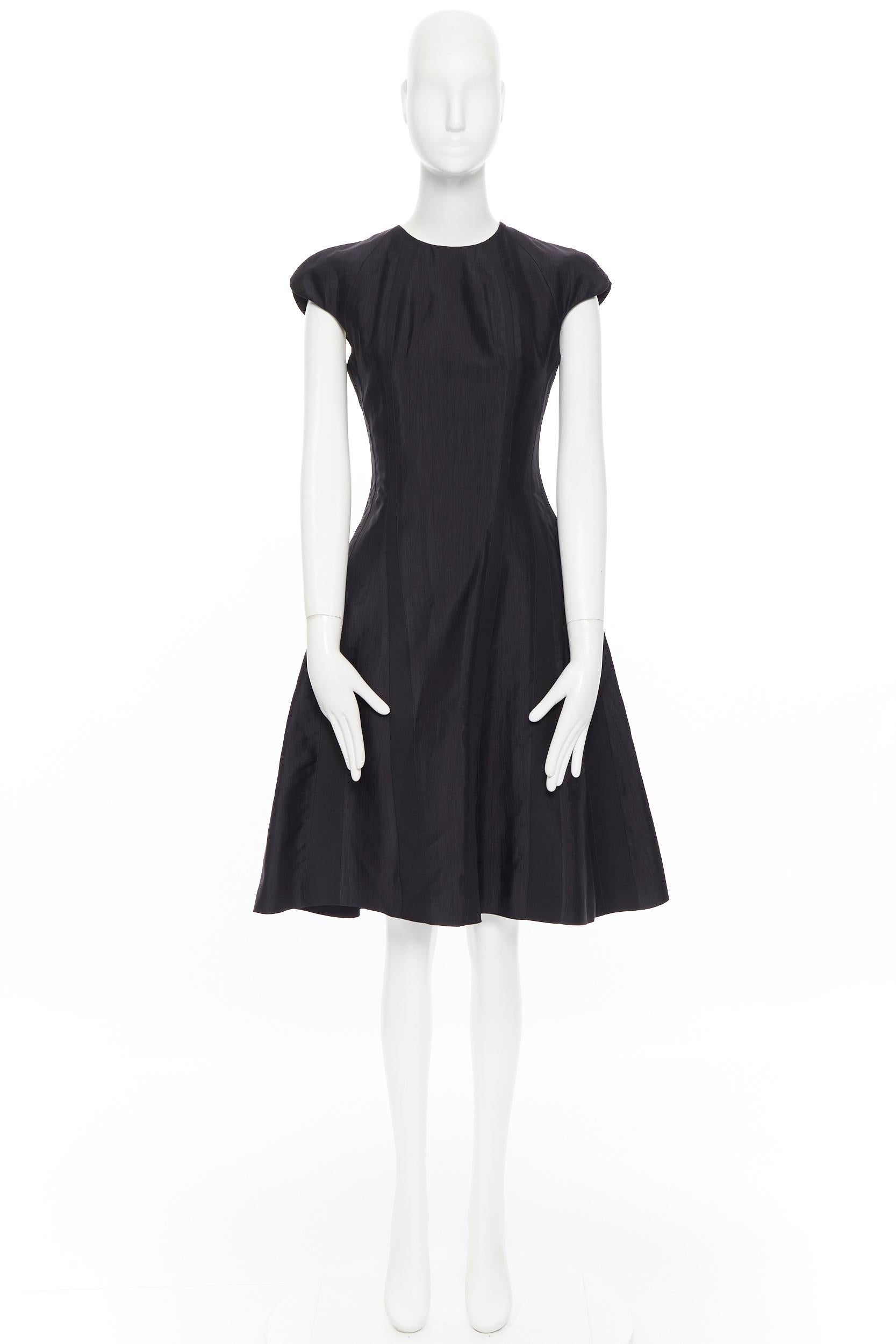 Black THOM BROWNE black silk contour panel insert cap sleeve flared dress US0 XS