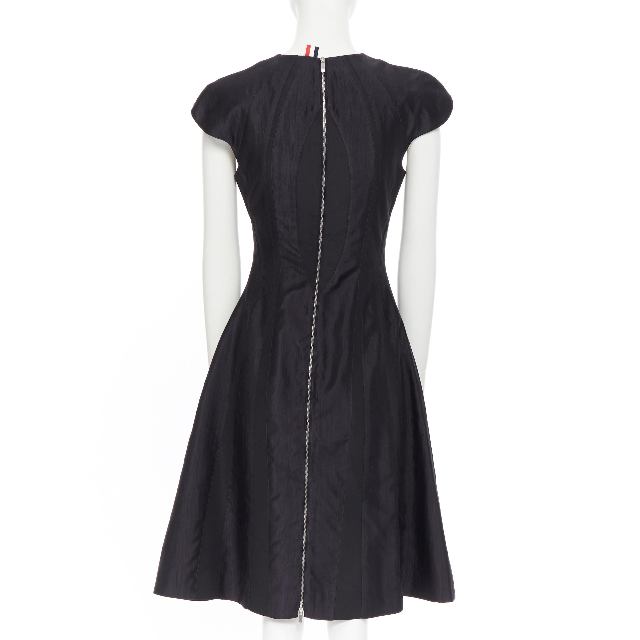 THOM BROWNE black silk contour panel insert cap sleeve flared dress US0 XS 1