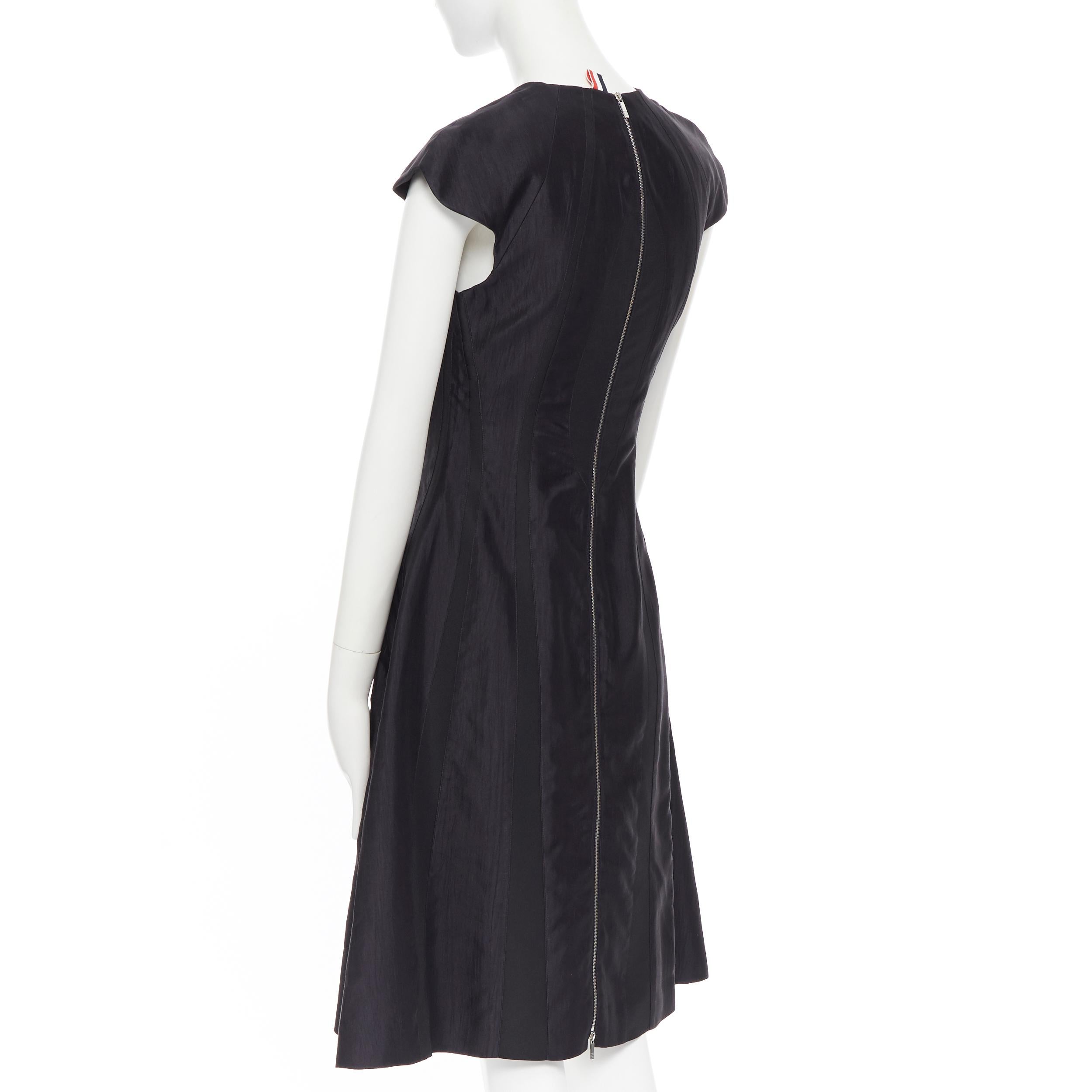 THOM BROWNE black silk contour panel insert cap sleeve flared dress US0 XS 2