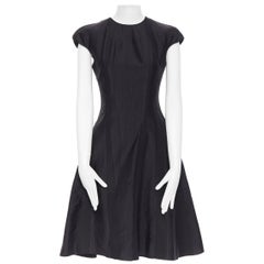 THOM BROWNE black silk contour panel insert cap sleeve flared dress US0 XS