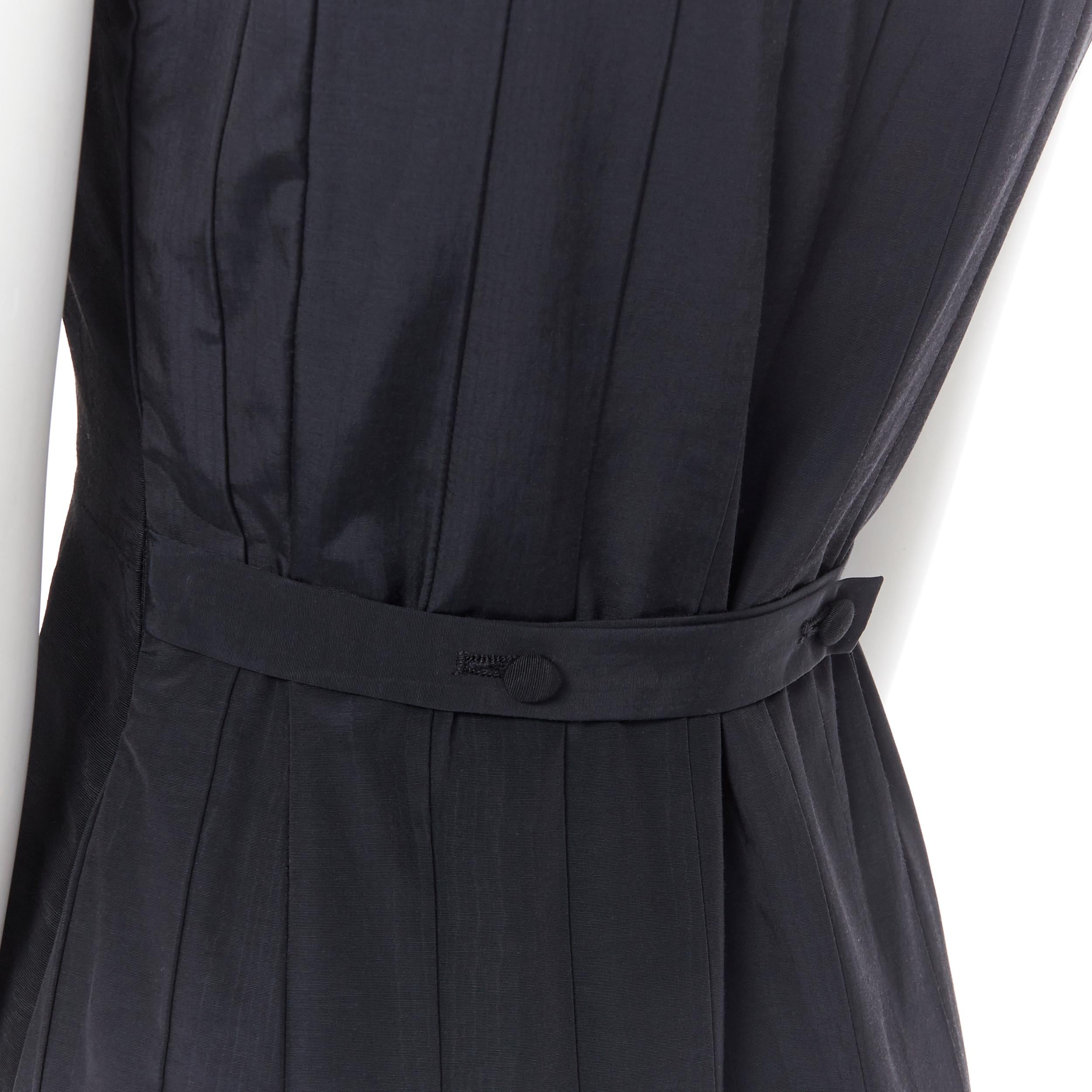 THOM BROWNE black tonal patterned silk sleeveless paneled pleated back dress US0 5