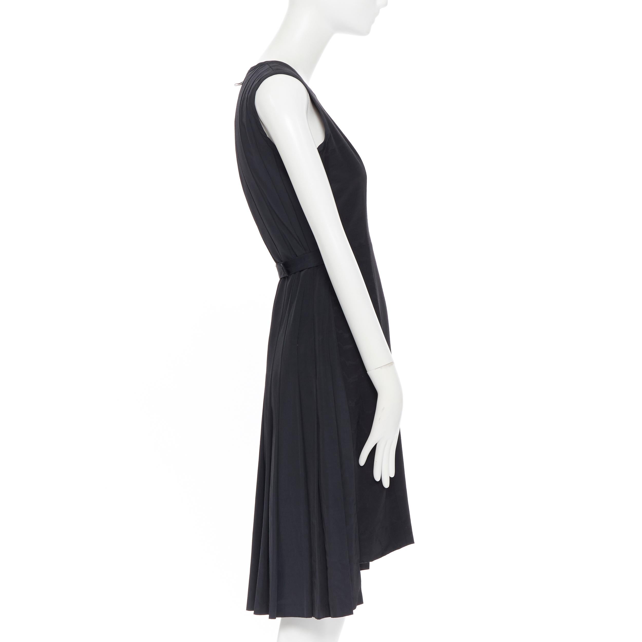 Women's THOM BROWNE black tonal patterned silk sleeveless paneled pleated back dress US0