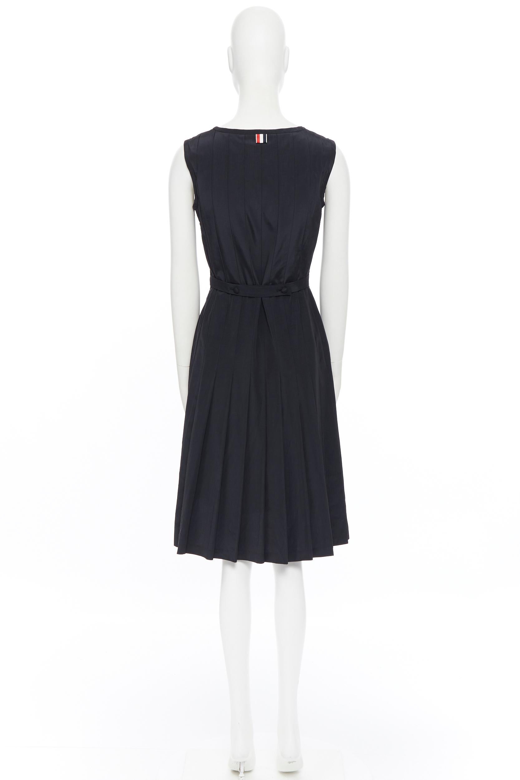 THOM BROWNE black tonal patterned silk sleeveless paneled pleated back dress US0 1