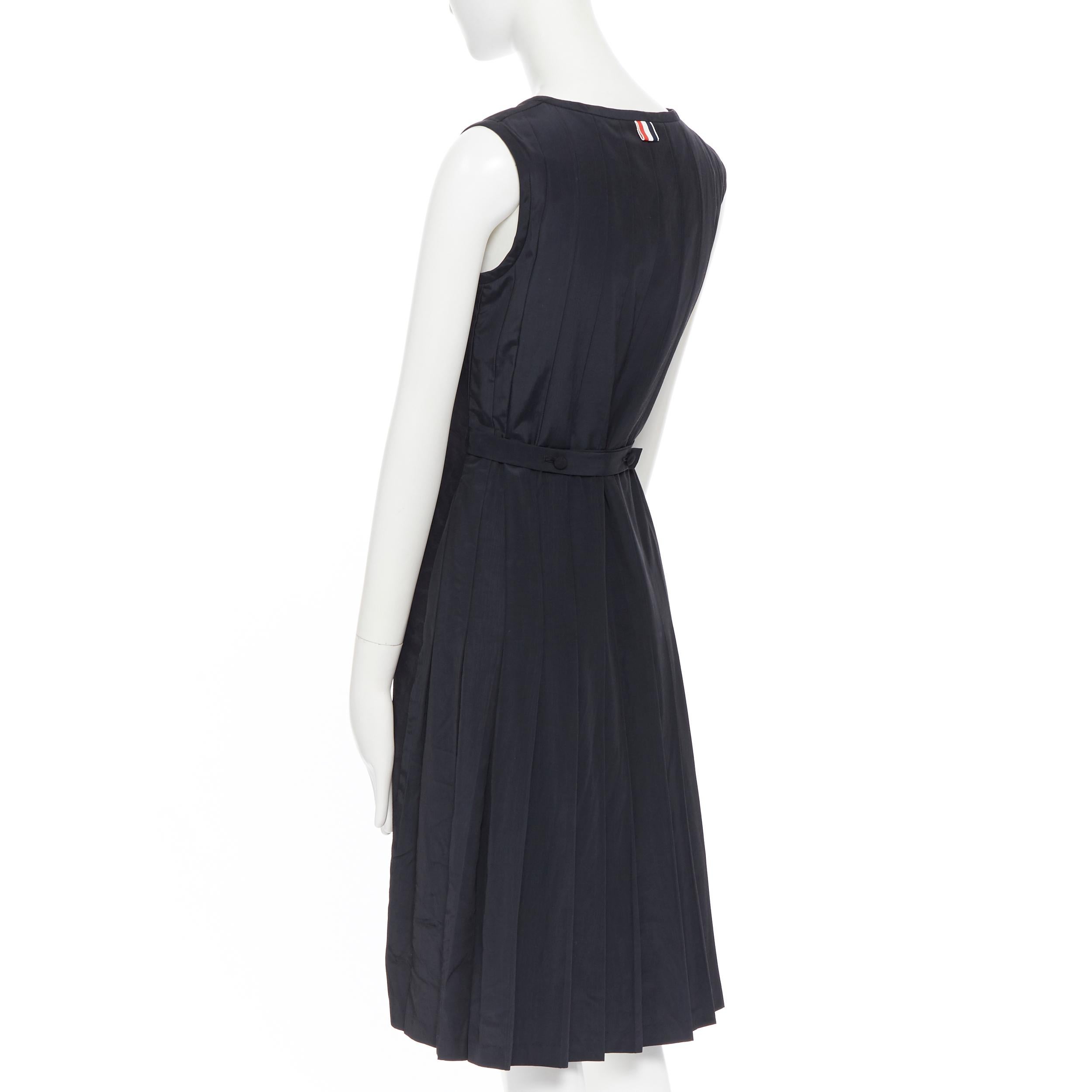 THOM BROWNE black tonal patterned silk sleeveless paneled pleated back dress US0 3