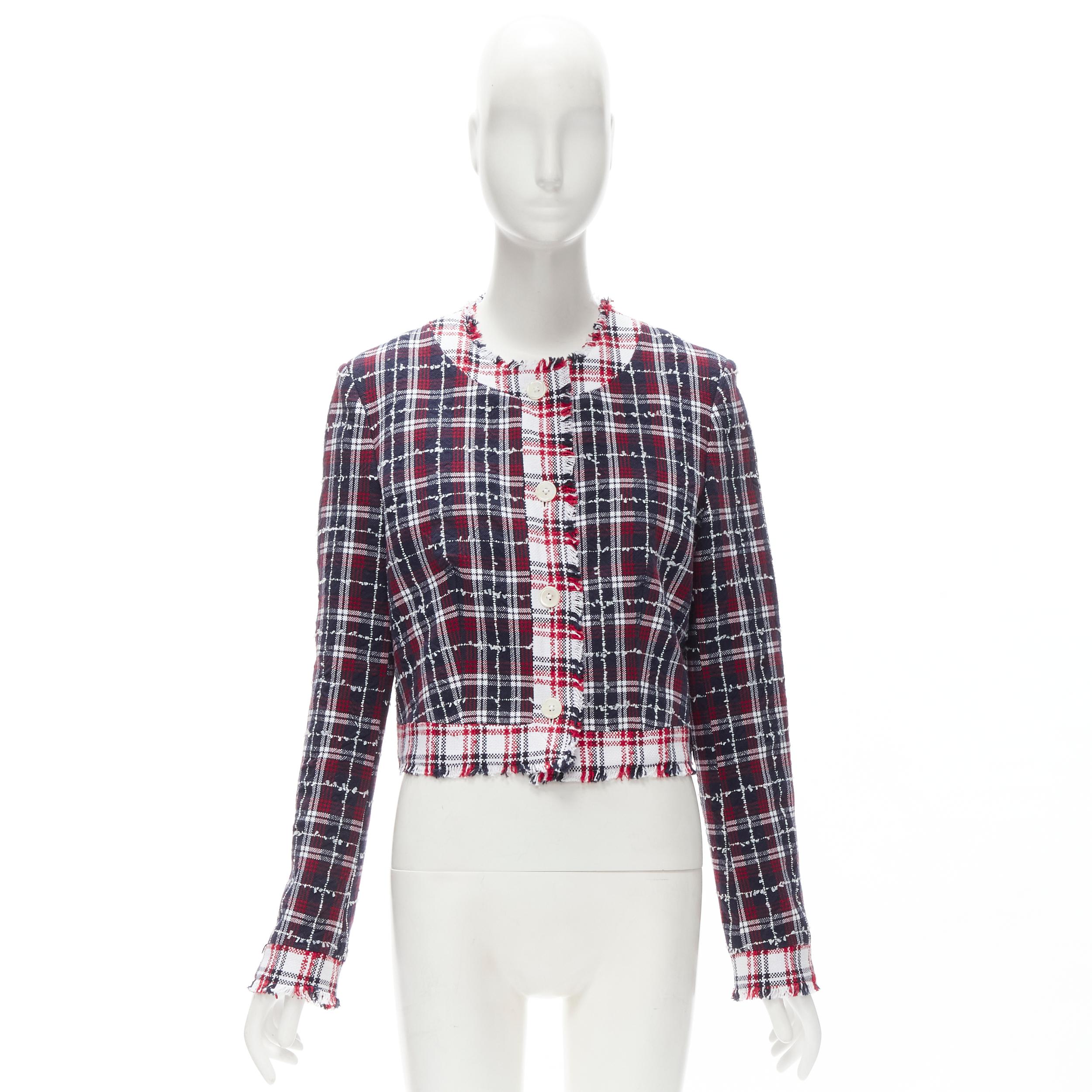 THOM BROWNE blue checkered tweed raw frayed cropped jacket IT44 Sz.3  L 6