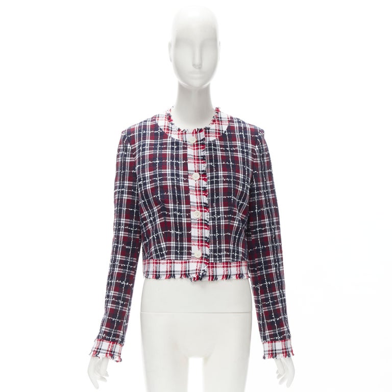 THOM BROWNE blue checkered tweed raw frayed cropped jacket IT44 Sz.3  L For Sale 7