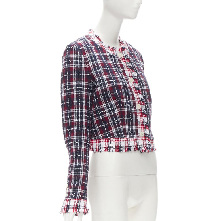 Women's THOM BROWNE blue checkered tweed raw frayed cropped jacket IT44 Sz.3  L For Sale