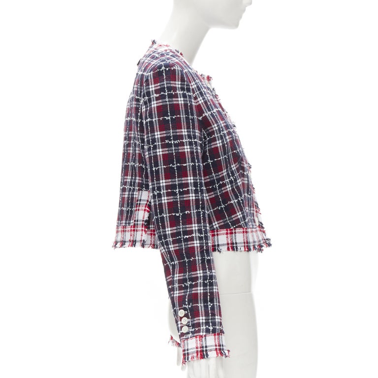 THOM BROWNE blue checkered tweed raw frayed cropped jacket IT44 Sz.3  L For Sale 1