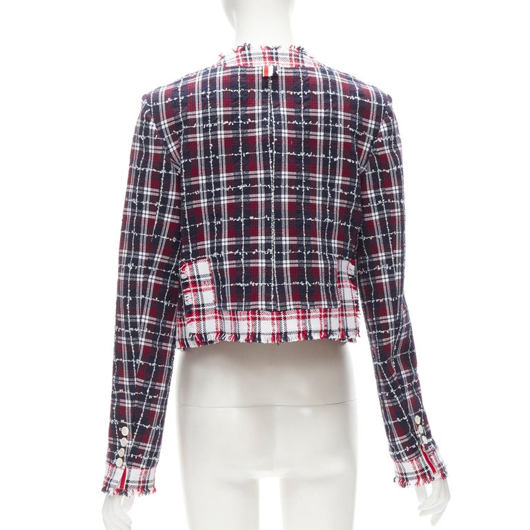 THOM BROWNE blue checkered tweed raw frayed cropped jacket IT44 Sz.3  L For Sale 2