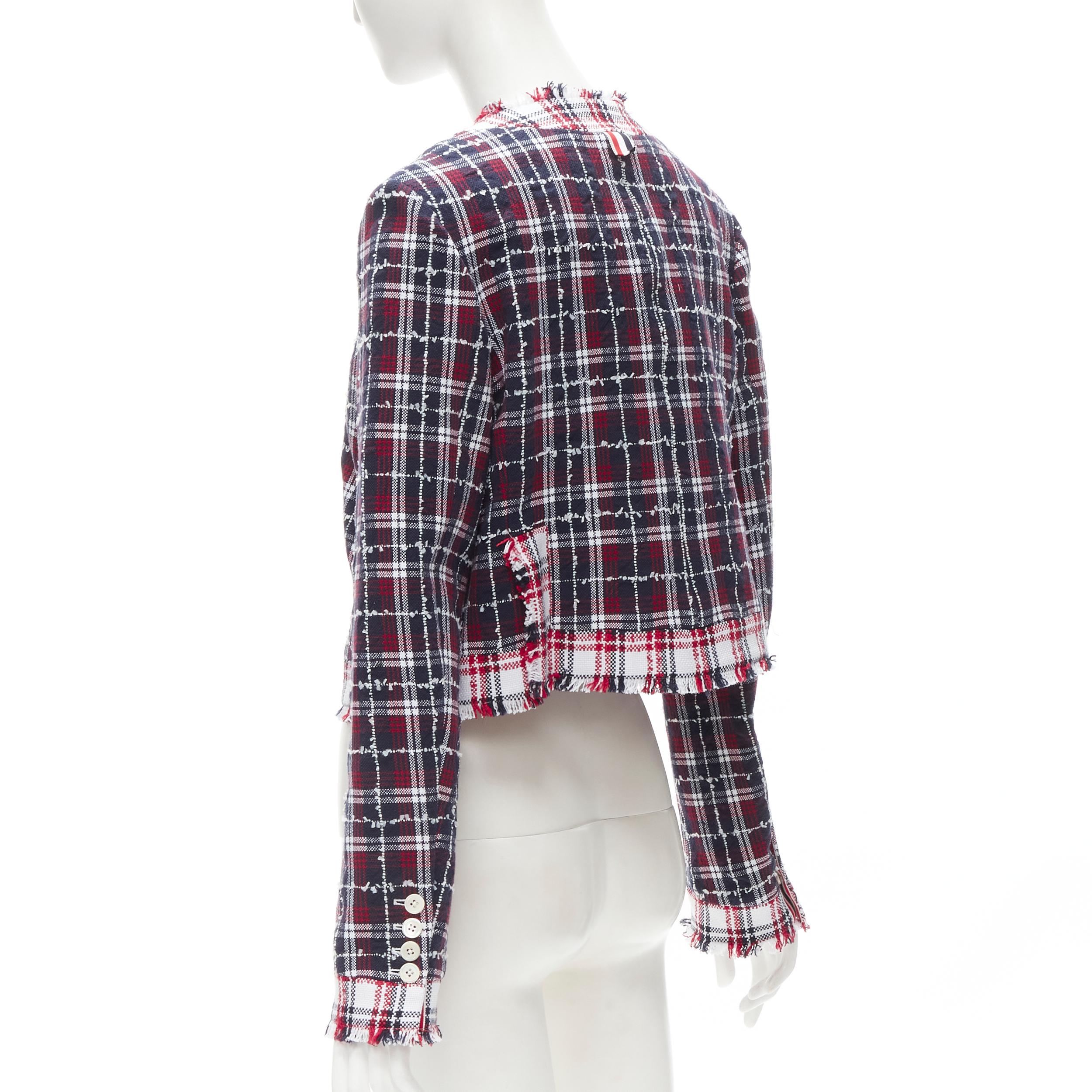 THOM BROWNE blue checkered tweed raw frayed cropped jacket IT44 Sz.3  L 2