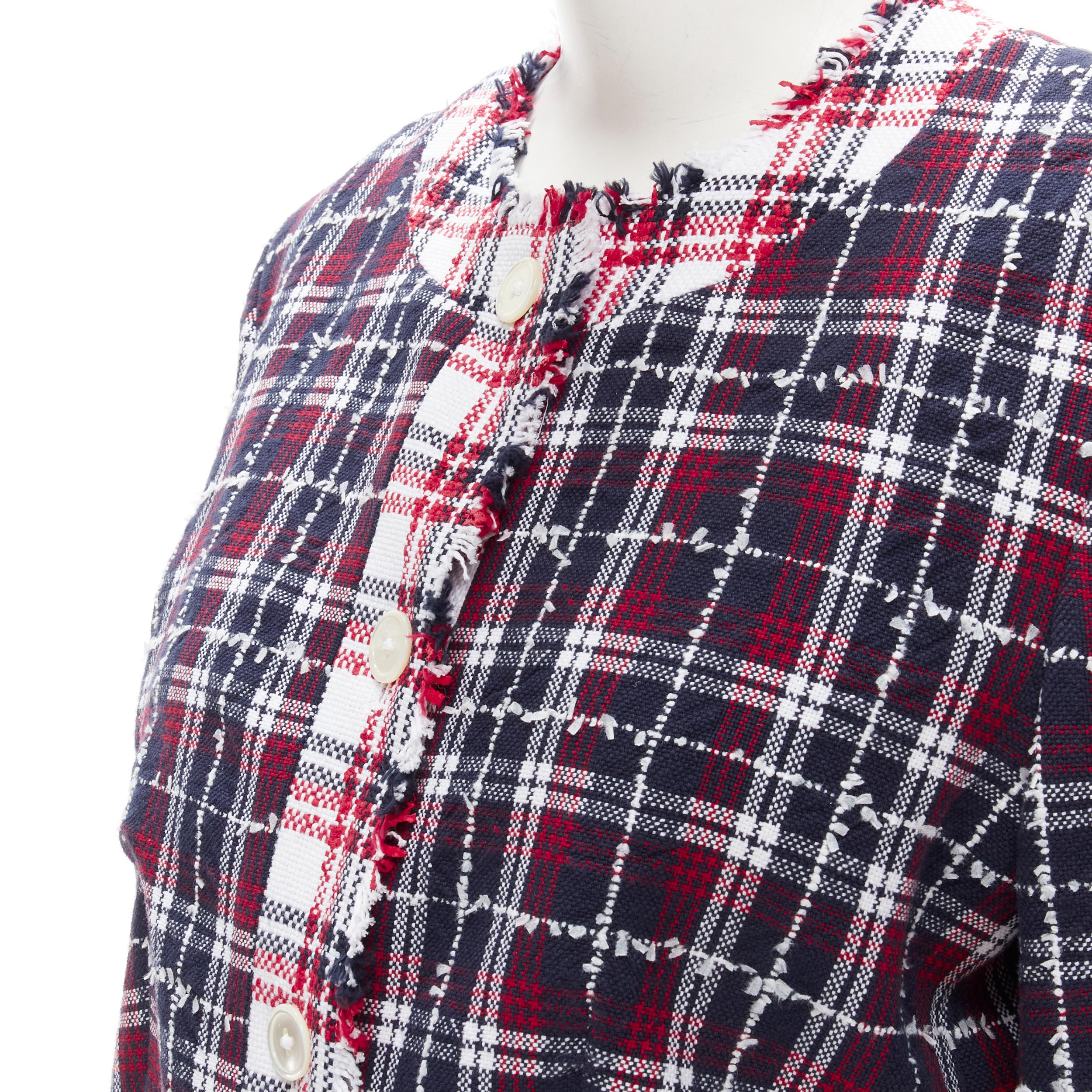 THOM BROWNE blue checkered tweed raw frayed cropped jacket IT44 Sz.3  L 3