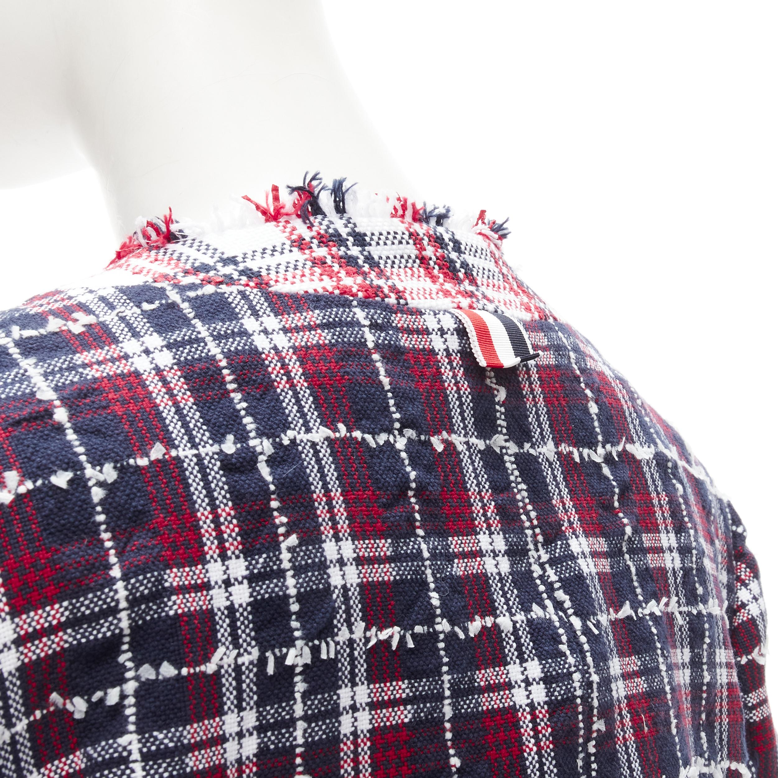 THOM BROWNE blue checkered tweed raw frayed cropped jacket IT44 Sz.3  L 4