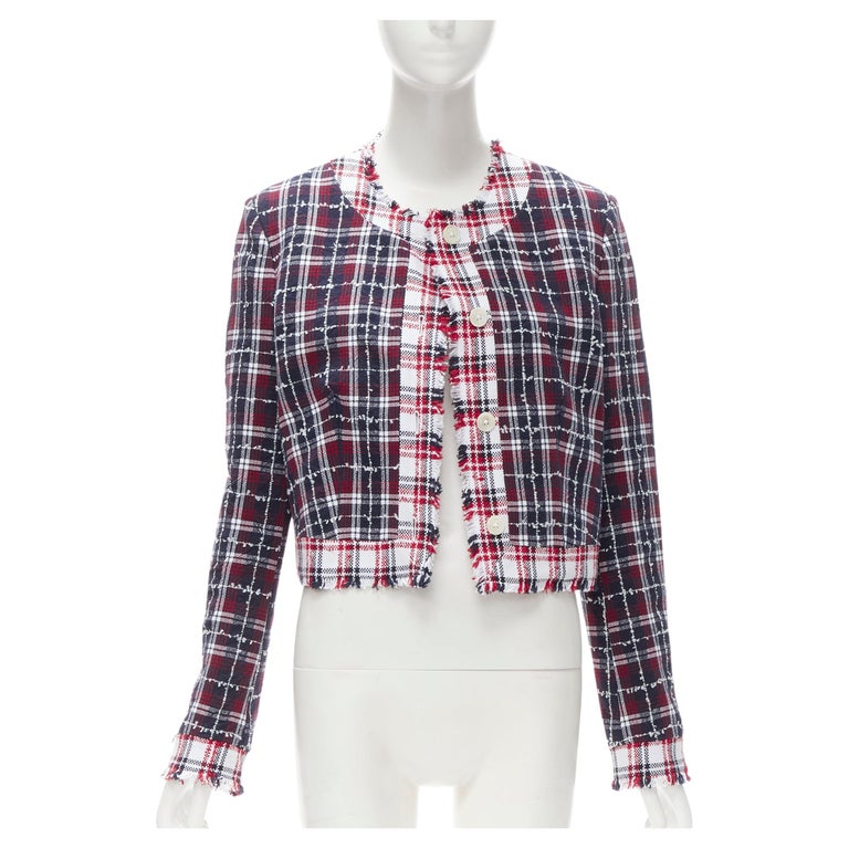 THOM BROWNE blue checkered tweed raw frayed cropped jacket IT44 Sz.3  L For Sale