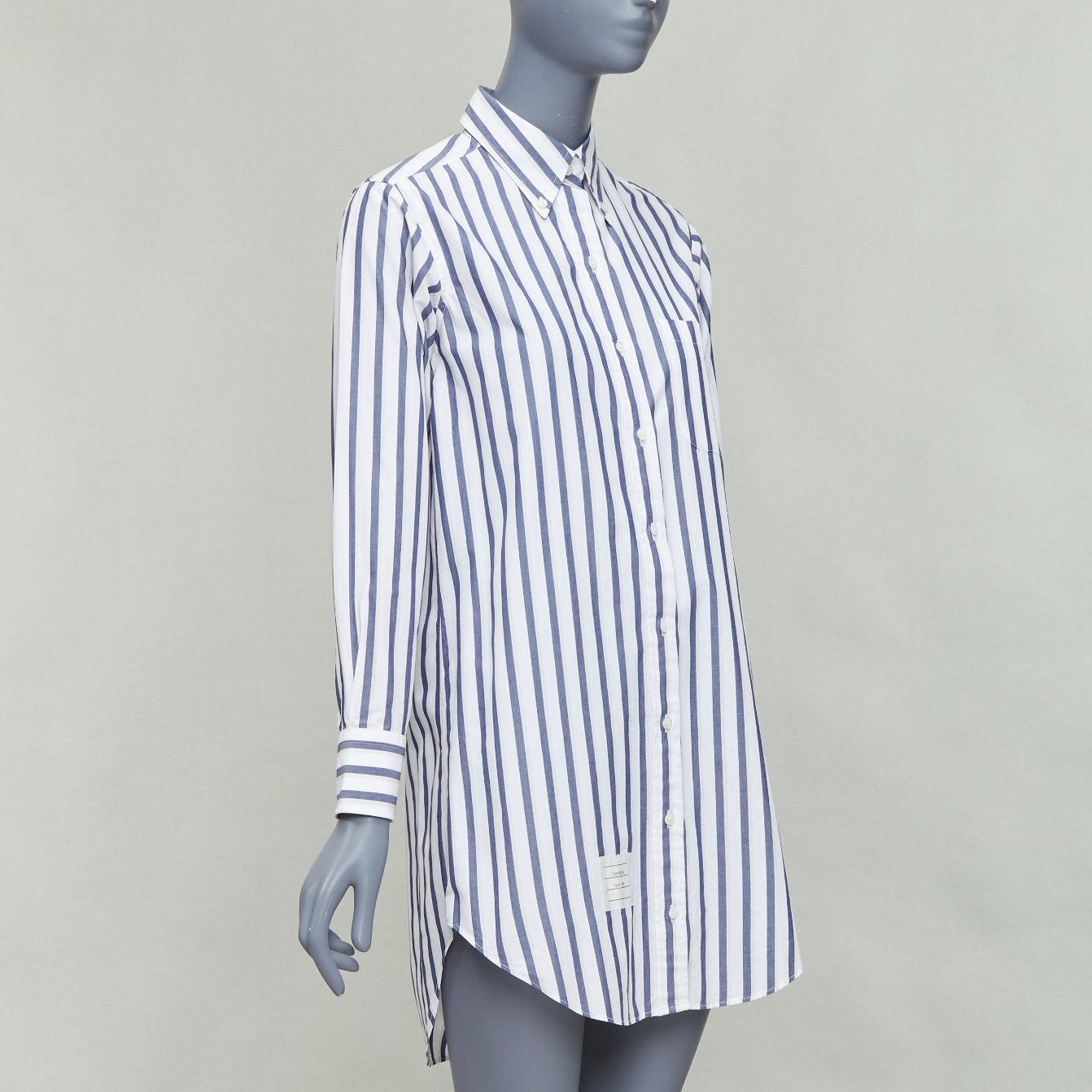 Purple THOM BROWNE blue white poplin cotton stripe button down shirt dress US0 XS0 For Sale