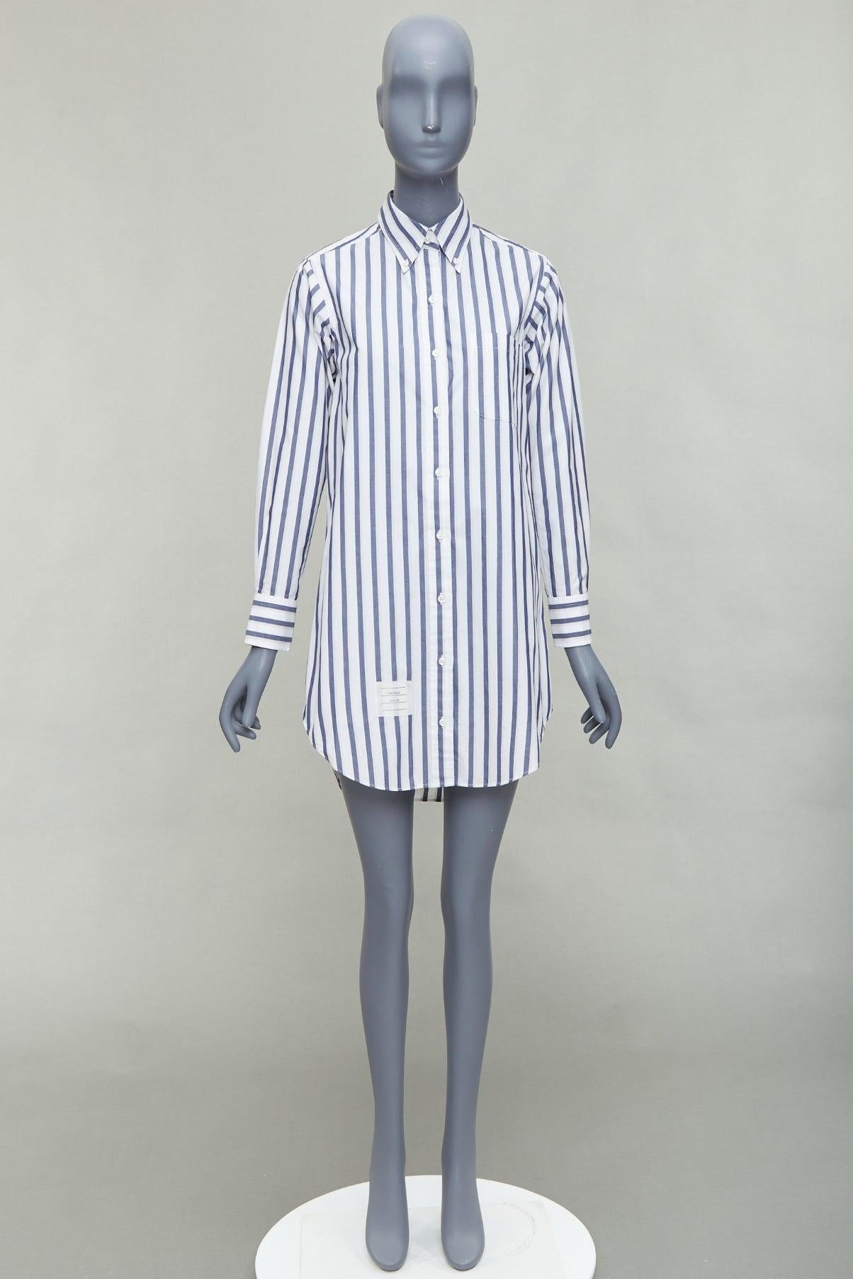 THOM BROWNE blue white poplin cotton stripe button down shirt dress US0 XS0 For Sale 4