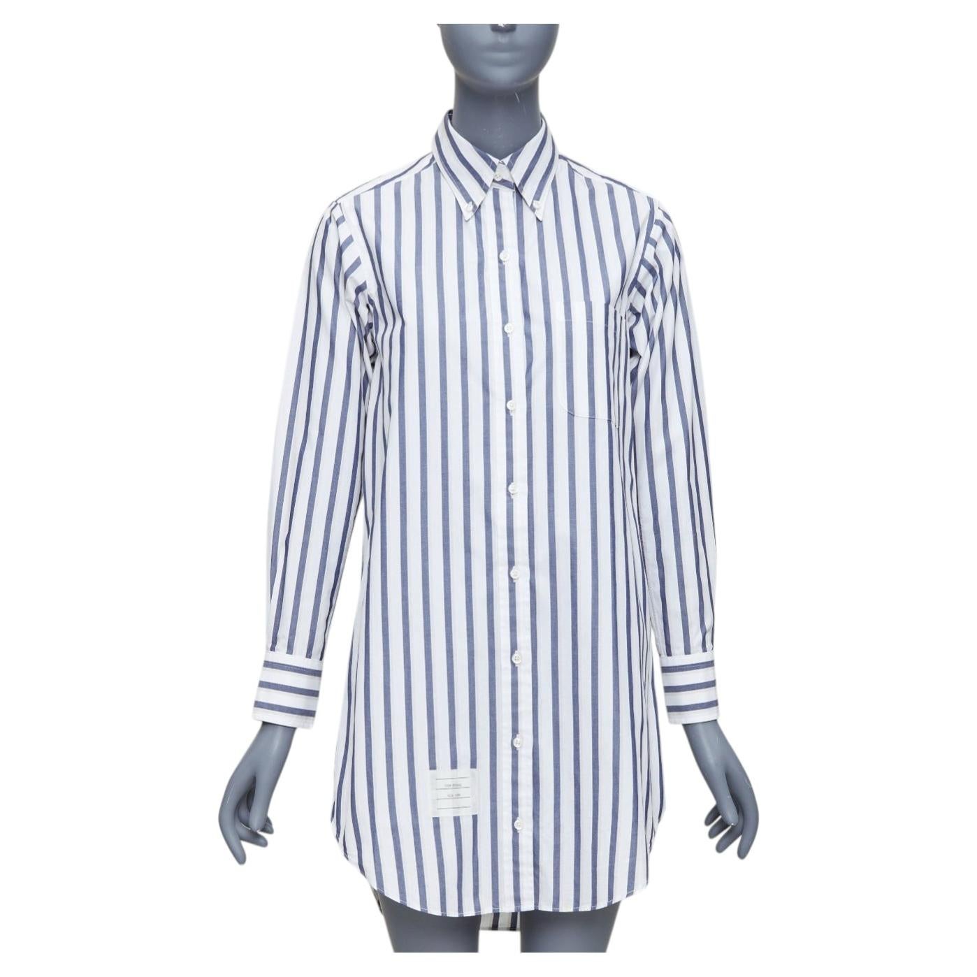 Pre-owned Thom Browne Blue White Poplin Cotton Stripe Button Down Shirt Dress Us0 Xs0