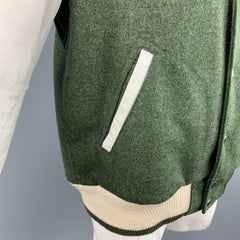 THOM BROWNE Chest Size XL Olive & White Wool Leather Sleeve Bomber Letterman Jac