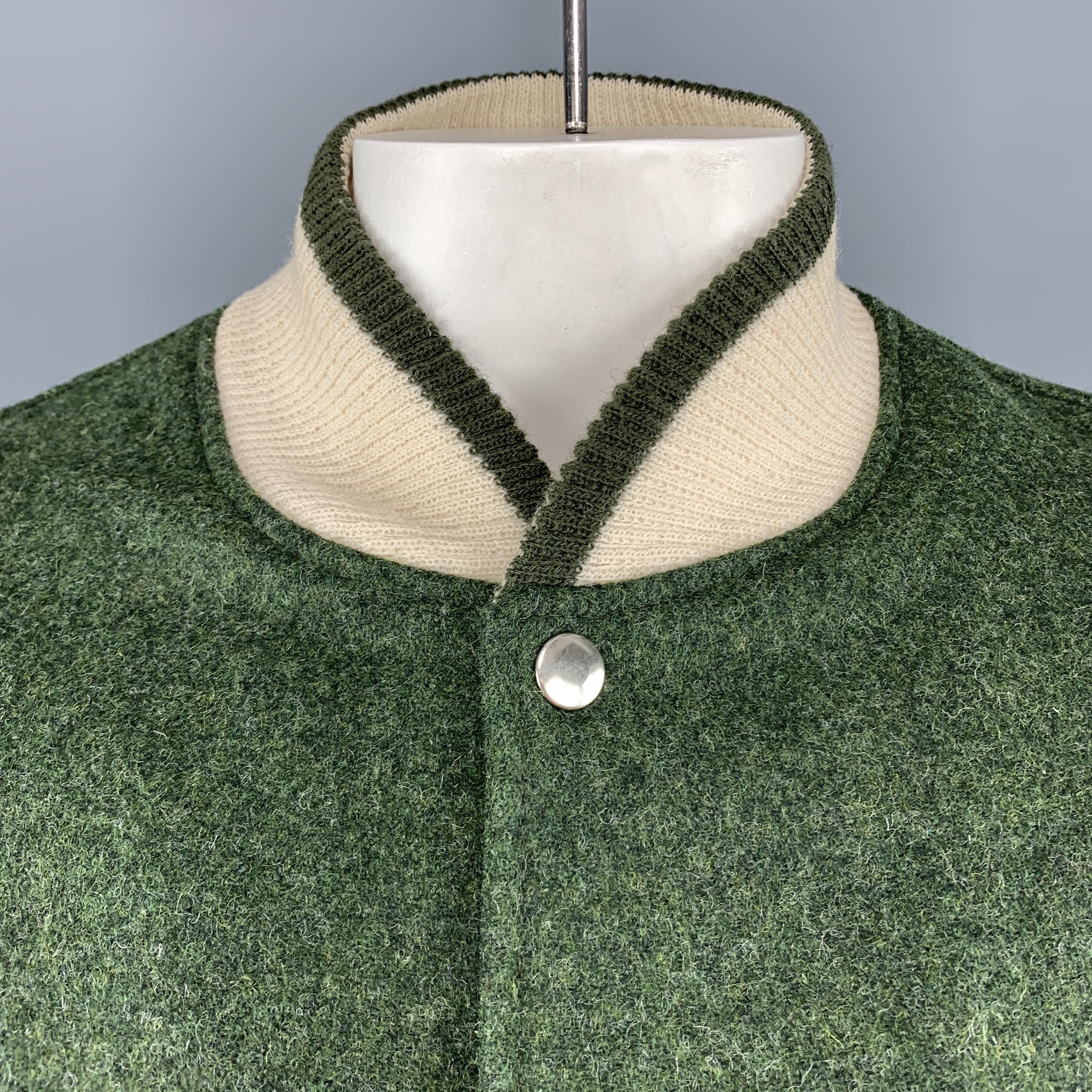 THOM BROWNE Chest Size XL Olive & White Wool Leather Sleeve Bomber Letterman Jac In Good Condition In San Francisco, CA