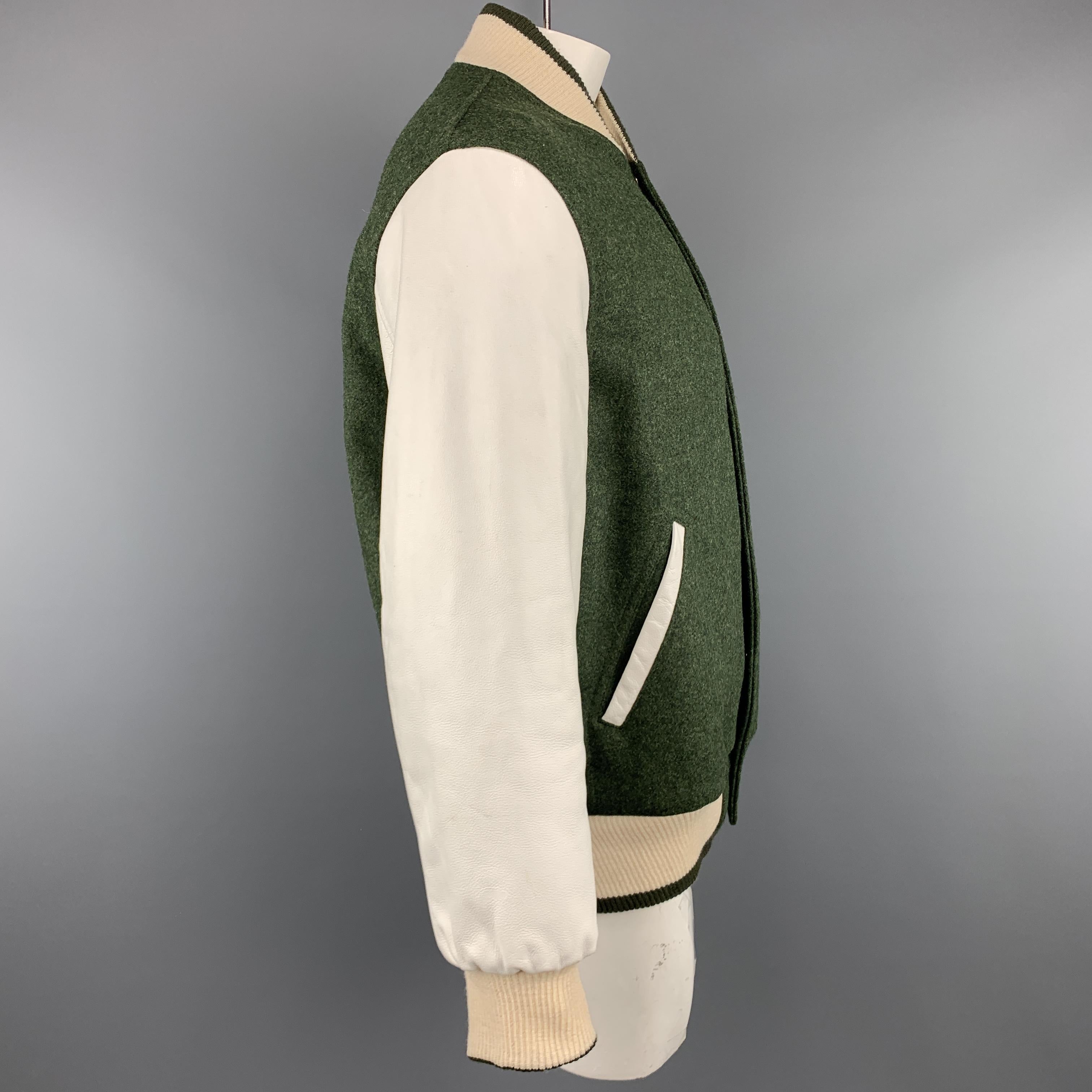 Men's THOM BROWNE Chest Size XL Olive & White Wool Leather Sleeve Bomber Letterman Jac