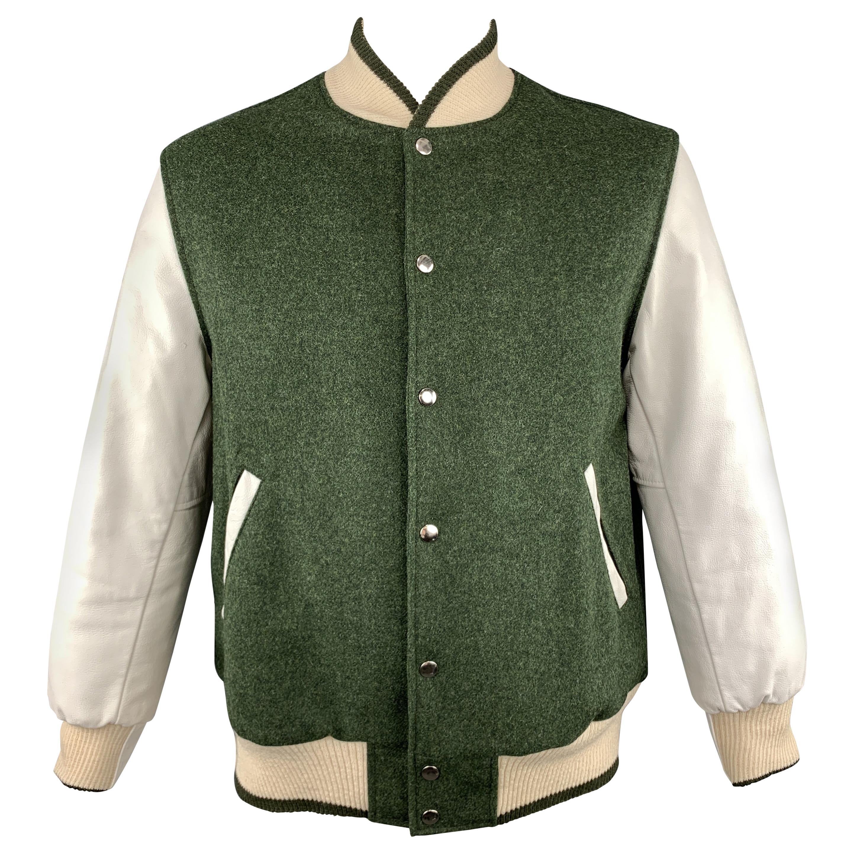 THOM BROWNE Chest Size XL Olive & White Wool Leather Sleeve Bomber Letterman Jac