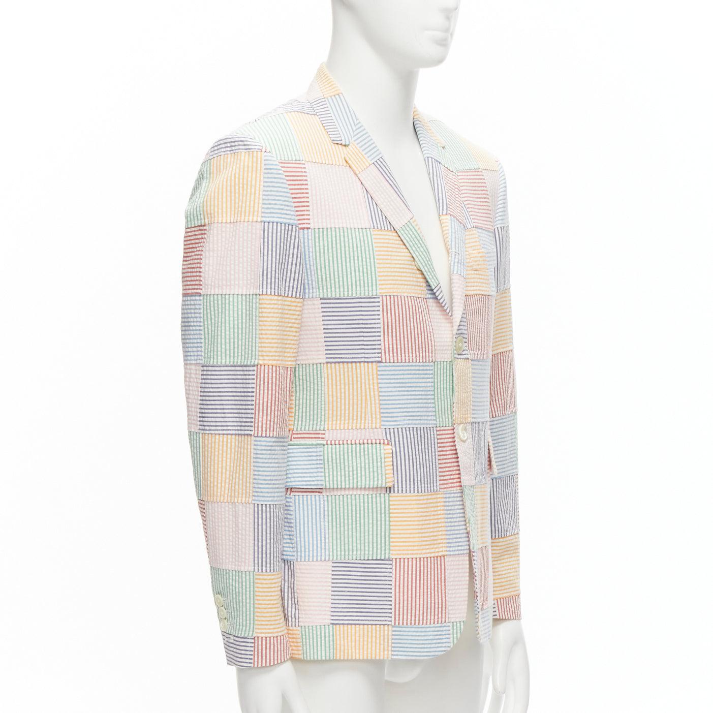 Gray THOM BROWNE colourful stripes patchwork seersucker 2 button blazer jacket Sz 2 M For Sale