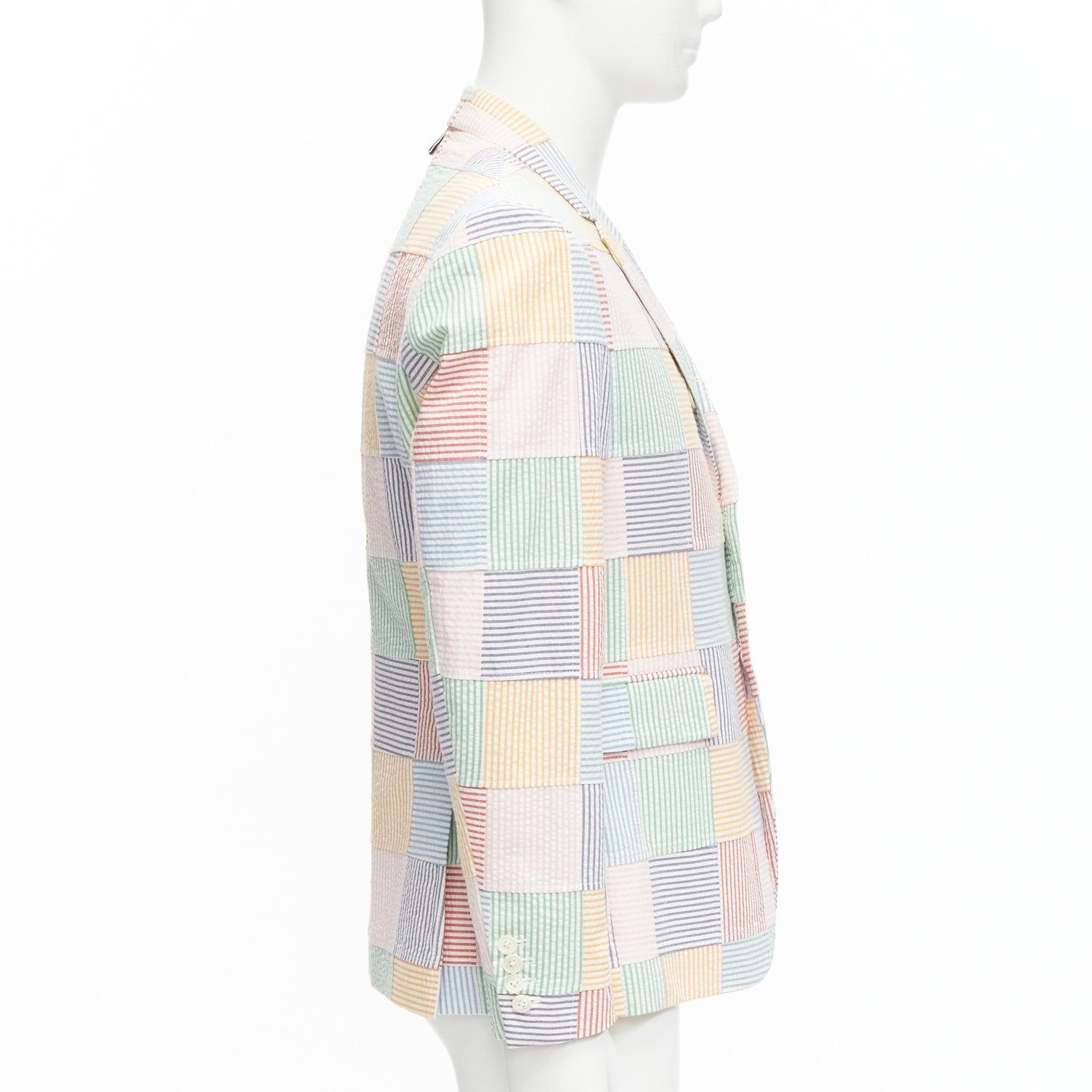 THOM BROWNE colourful stripes patchwork seersucker 2 button blazer jacket Sz 2 M In Good Condition For Sale In Hong Kong, NT