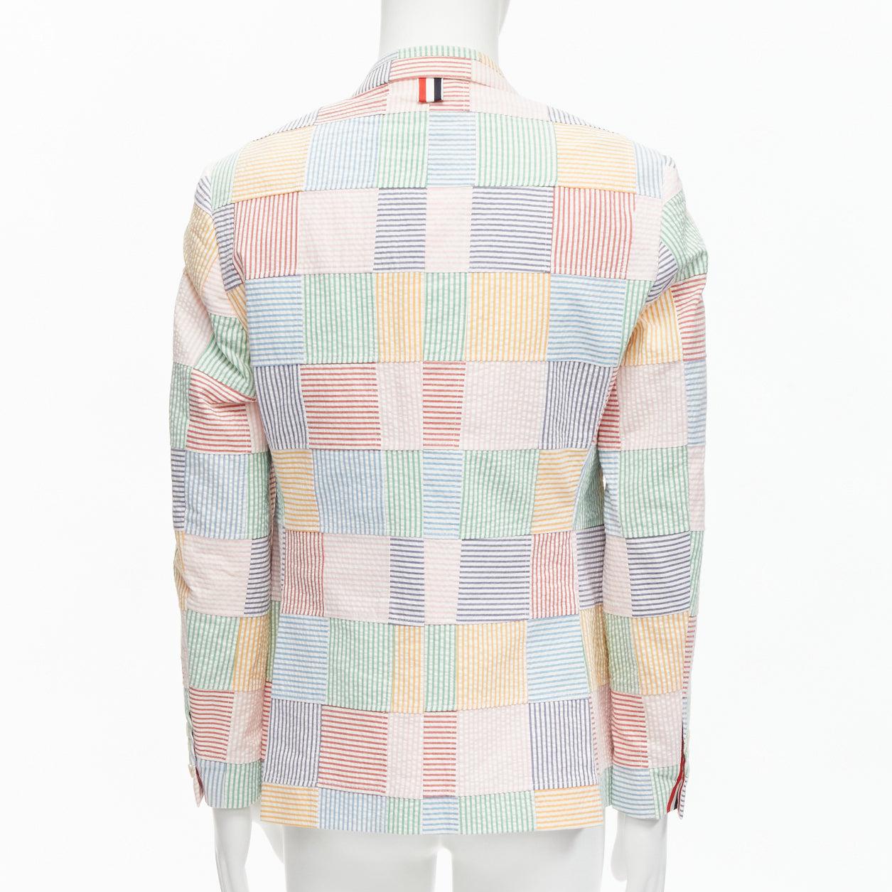 Men's THOM BROWNE colourful stripes patchwork seersucker 2 button blazer jacket Sz 2 M For Sale