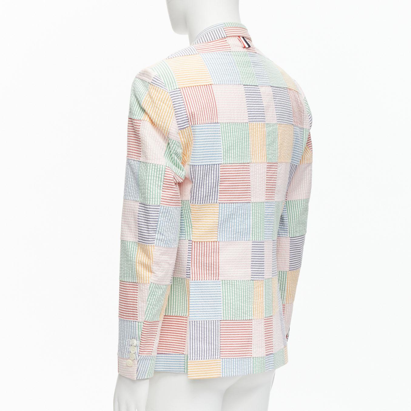 THOM BROWNE colourful stripes patchwork seersucker 2 button blazer jacket Sz 2 M For Sale 1