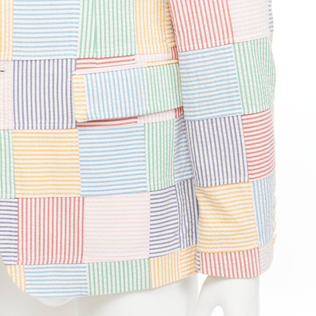 THOM BROWNE colourful stripes patchwork seersucker 2 button blazer jacket Sz 2 M For Sale 2