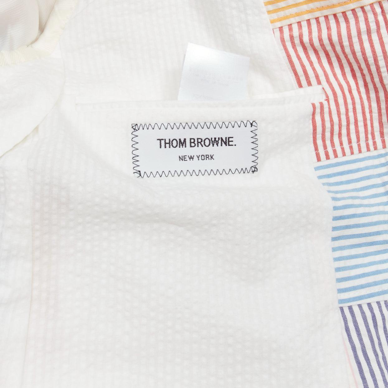 THOM BROWNE colourful stripes patchwork seersucker 2 button blazer jacket Sz 2 M For Sale 3