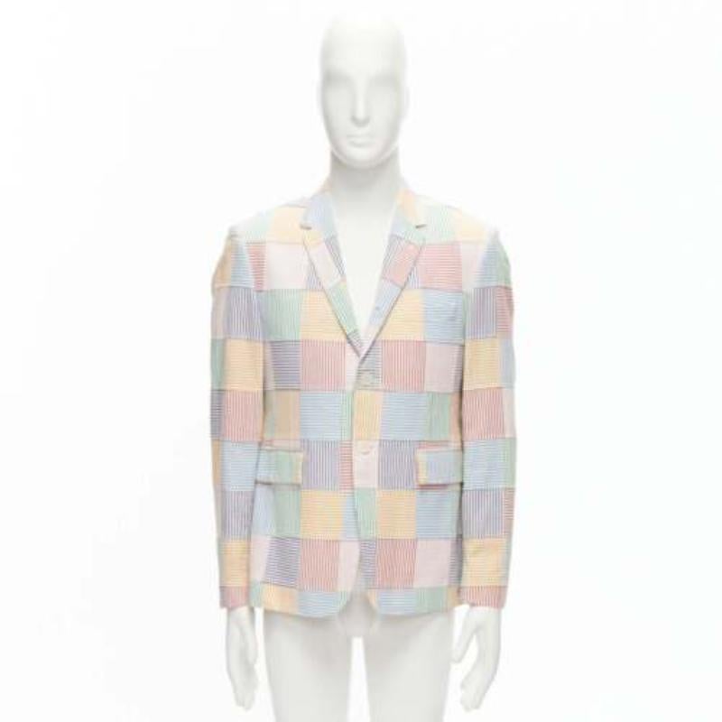 THOM BROWNE colourful stripes patchwork seersucker 2 button blazer jacket Sz 2 M For Sale 4