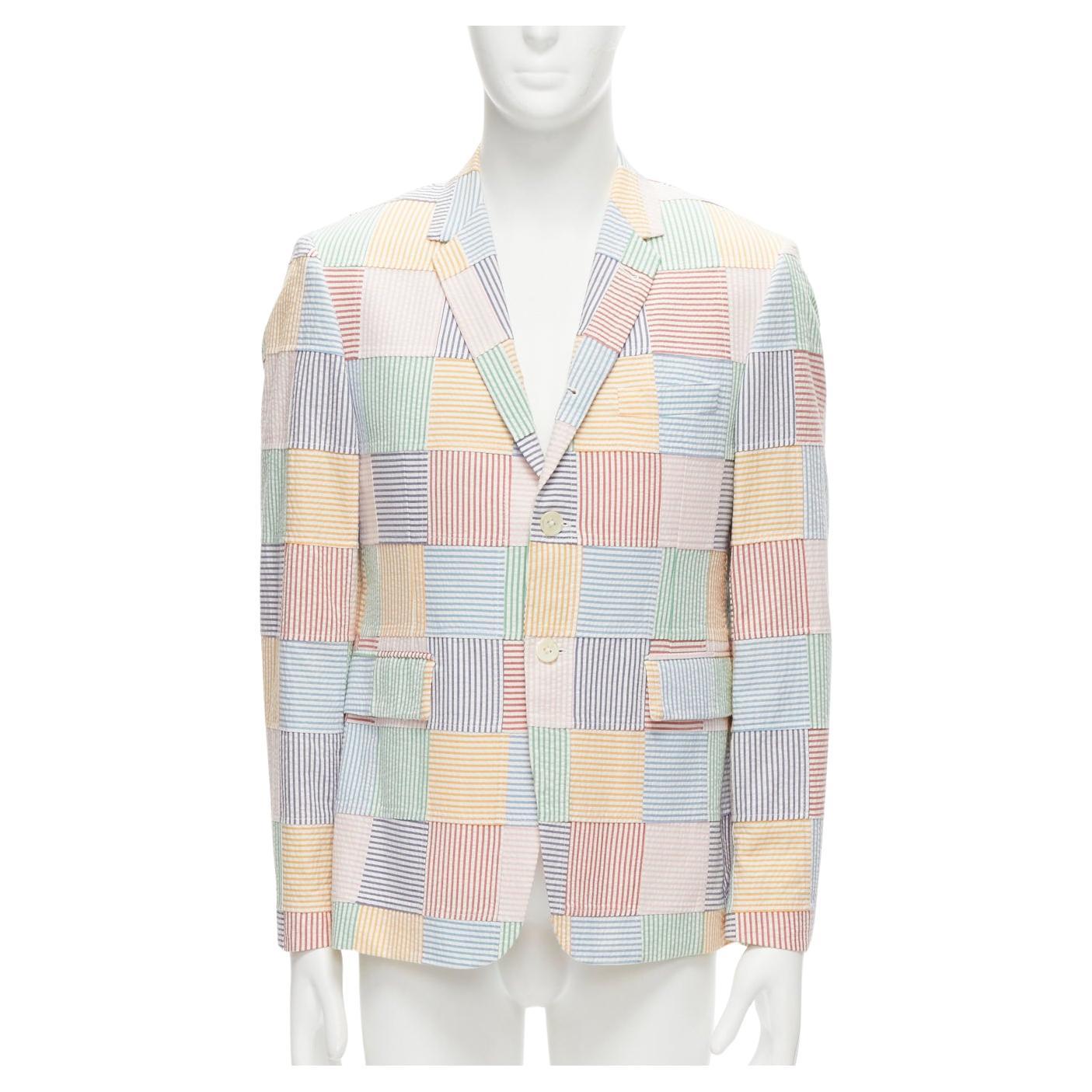 THOM BROWNE colourful stripes patchwork seersucker 2 button blazer jacket Sz 2 M For Sale