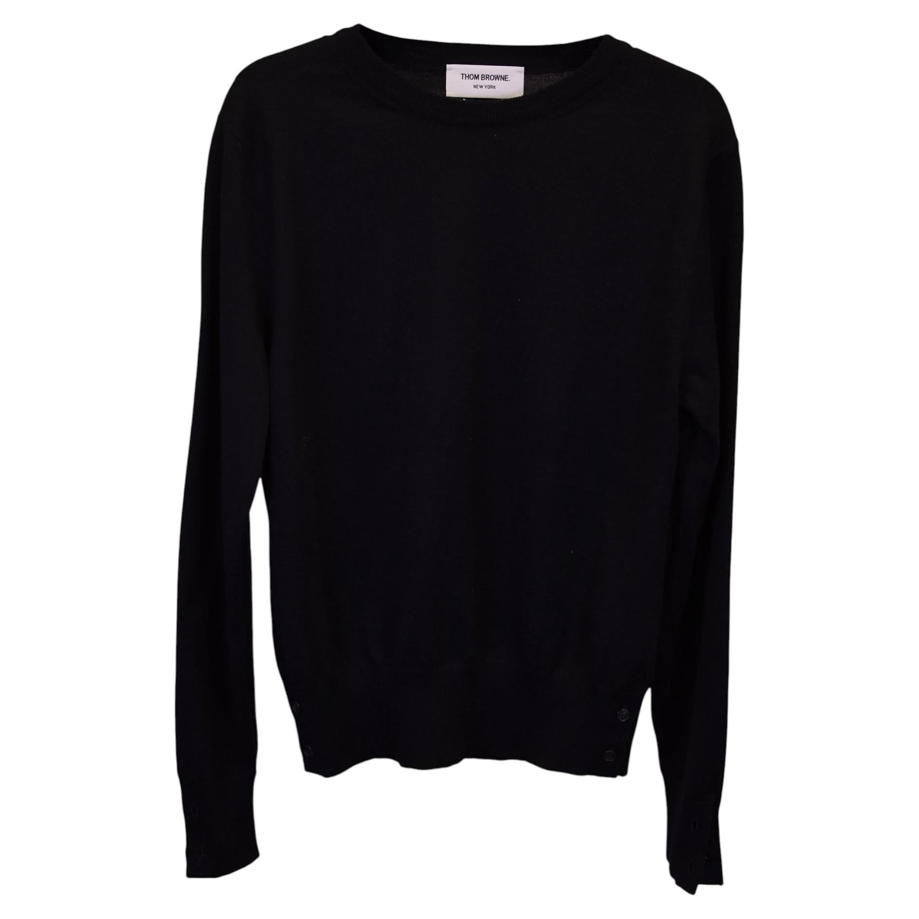 Thom Browne Crew Neck Pullover in Black Merino Wool