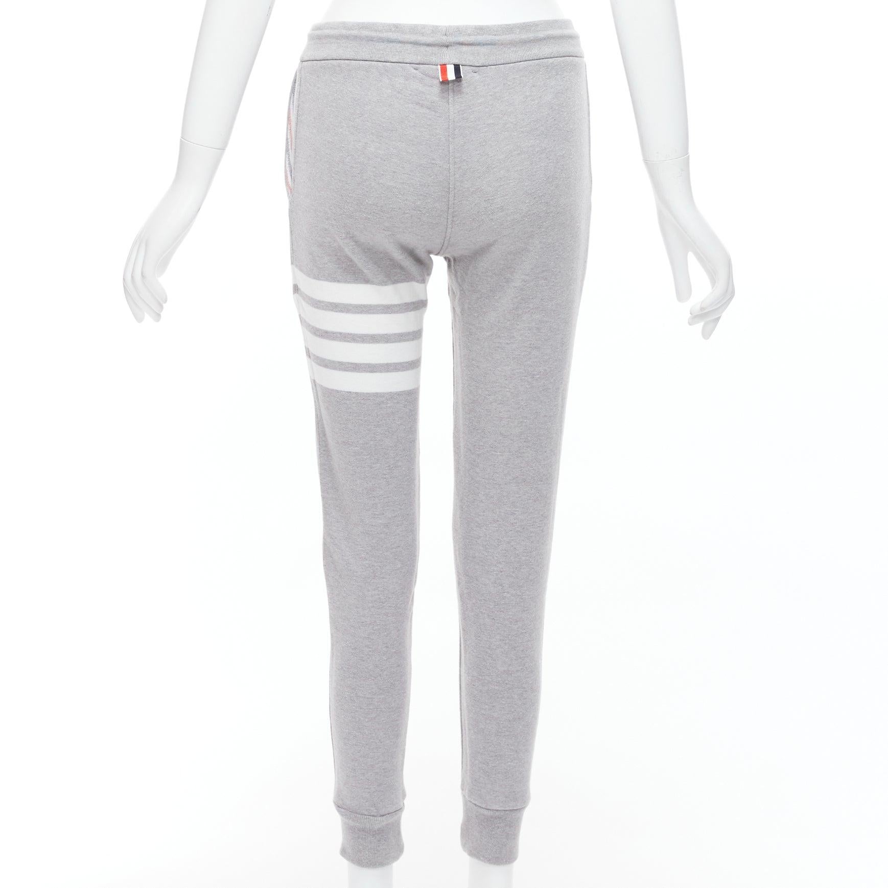 THOM BROWNE Four Bar grey white stripes cotton logo tab tapered sweat pants UK36 For Sale 1