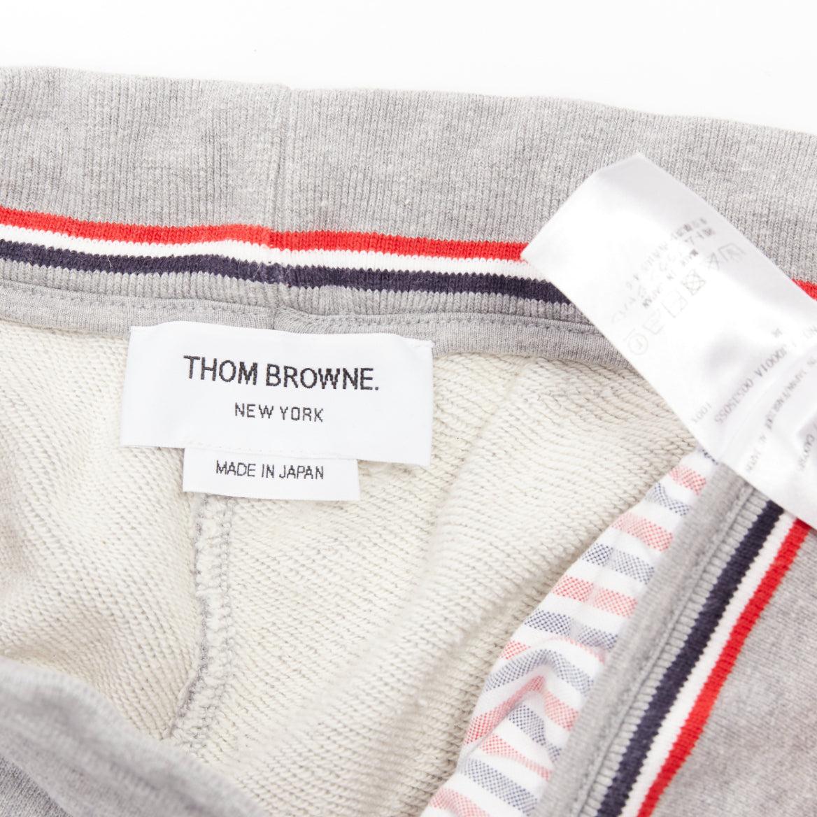 THOM BROWNE Four Bar grey white stripes cotton logo tab tapered sweat pants UK36 For Sale 4