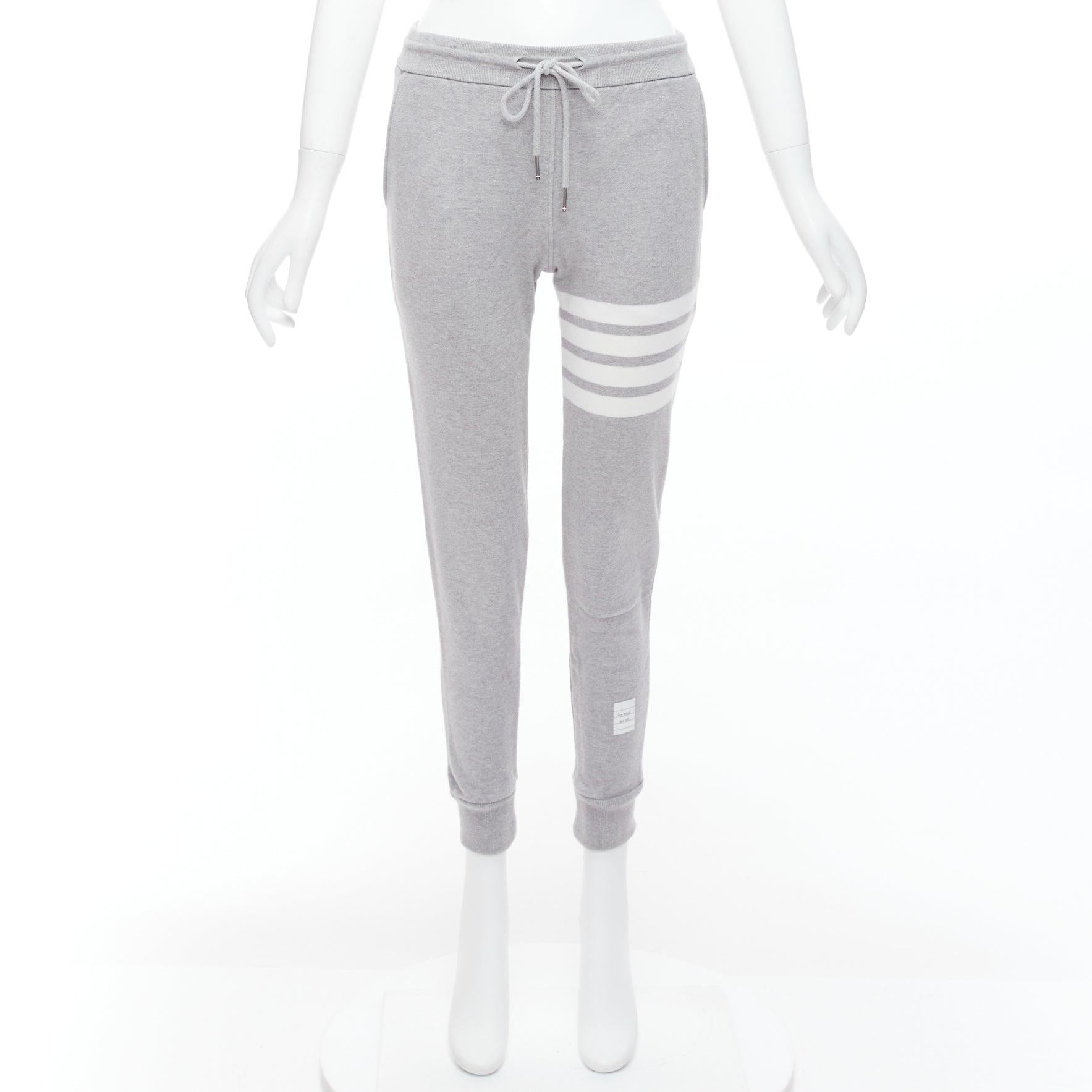 THOM BROWNE Four Bar grey white stripes cotton logo tab tapered sweat pants UK36 For Sale 5