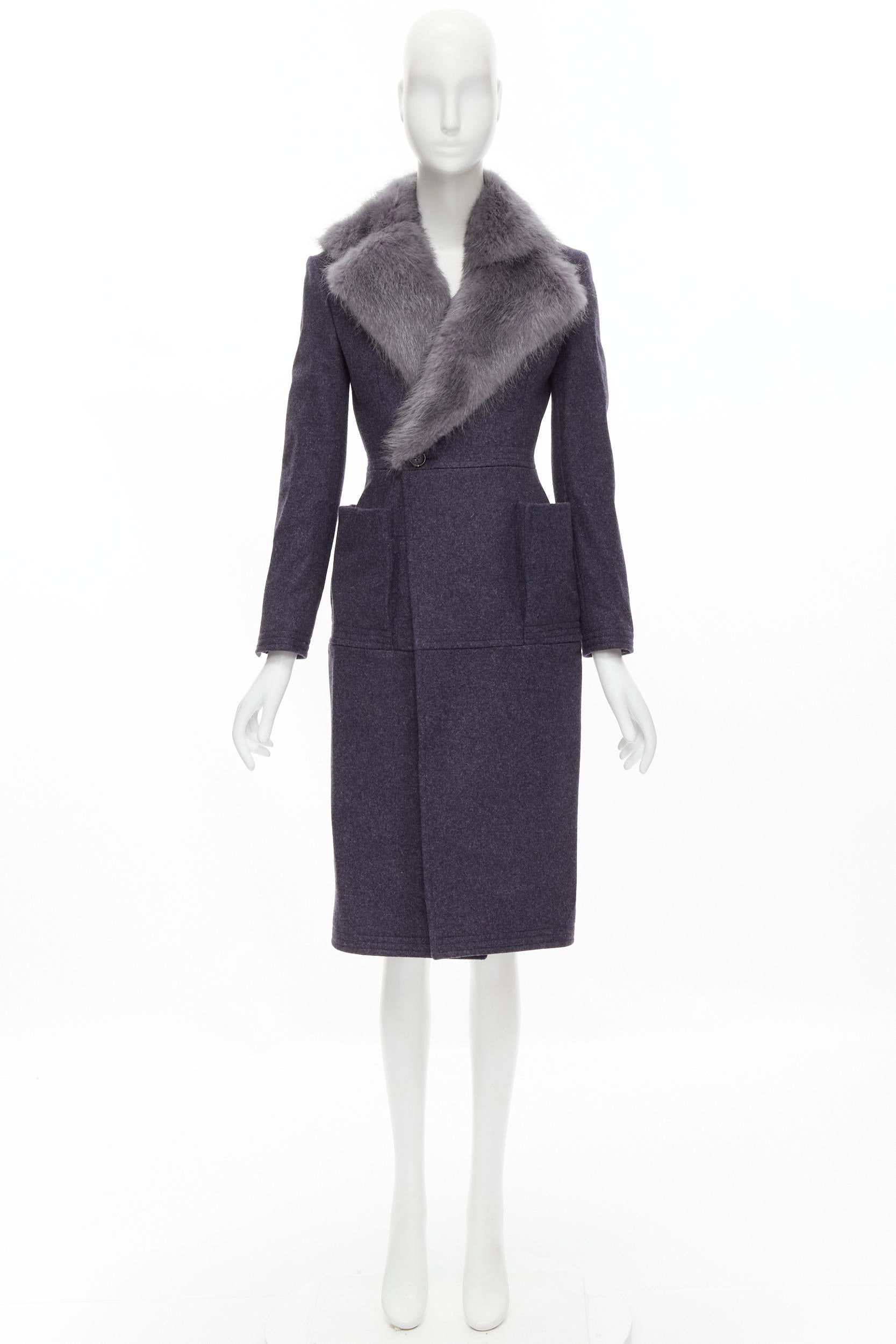THOM BROWNE grey beaver fur blue collar wool felt silk lined coat JP2 M For Sale 4