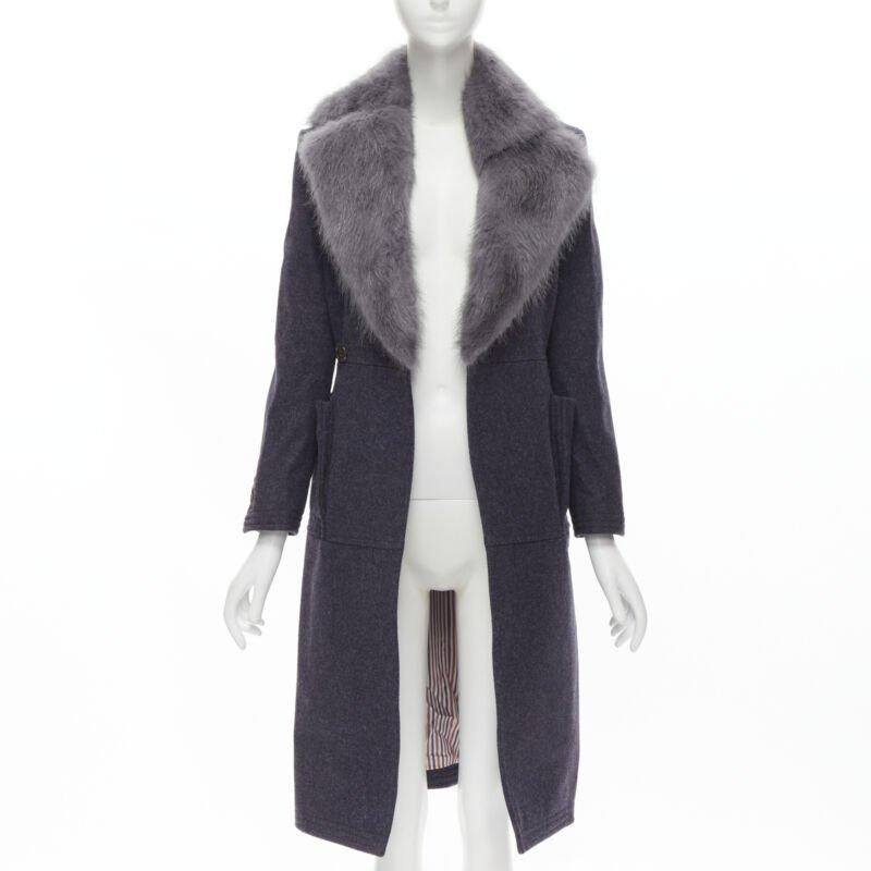 Grigio THOM BROWNE cappotto grigio con pelliccia di castoro e colletto blu, foderato in feltro di lana e seta JP2 M in vendita