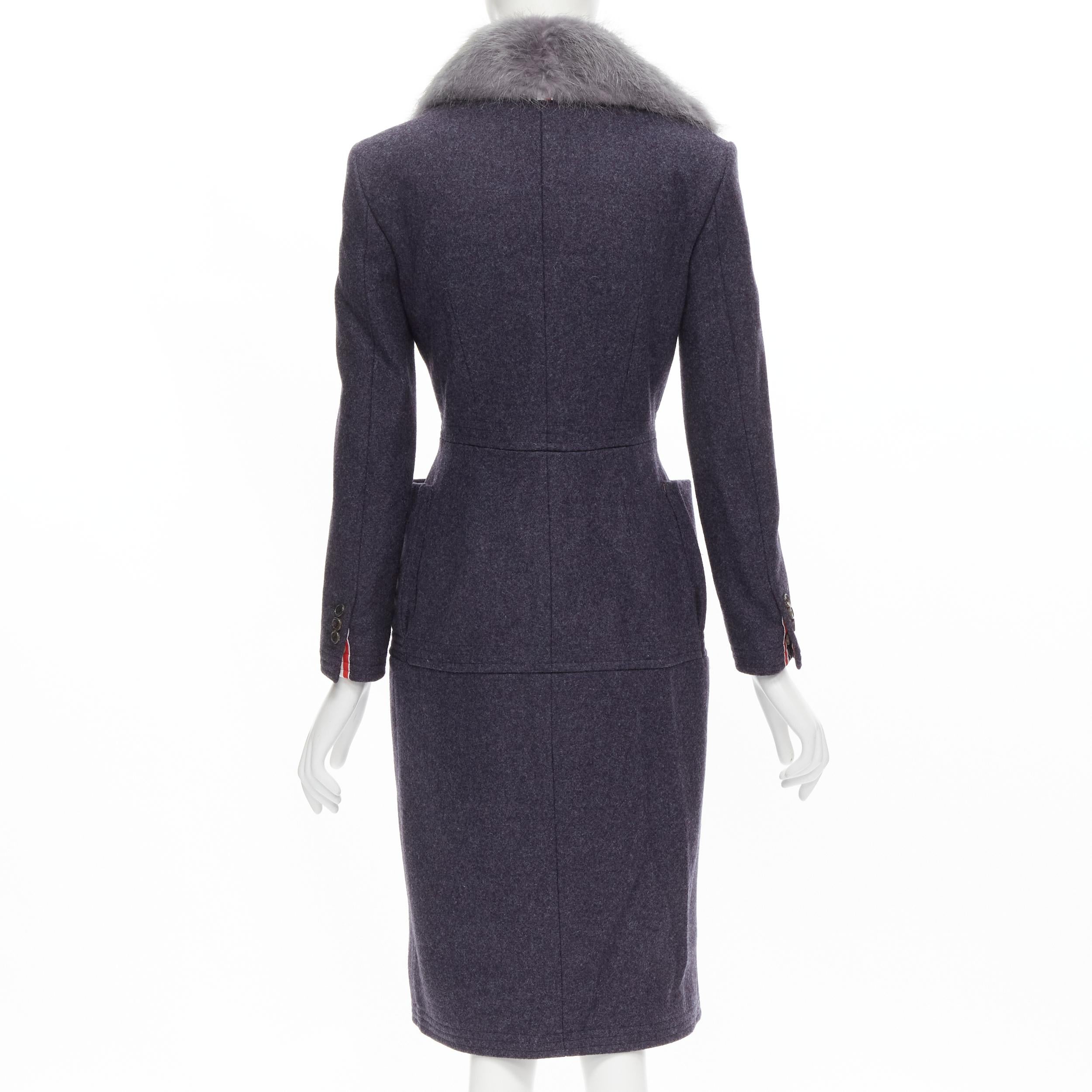 Gray THOM BROWNE grey beaver fur blue collar wool felt silk lined coat JP2 M For Sale
