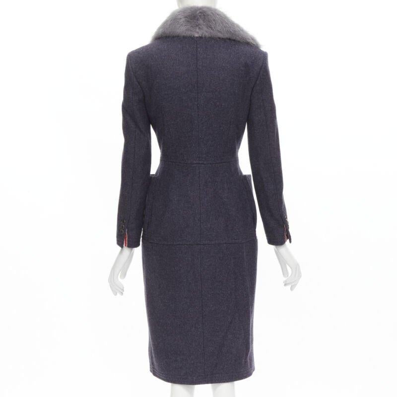 THOM BROWNE cappotto grigio con pelliccia di castoro e colletto blu, foderato in feltro di lana e seta JP2 M in vendita 1