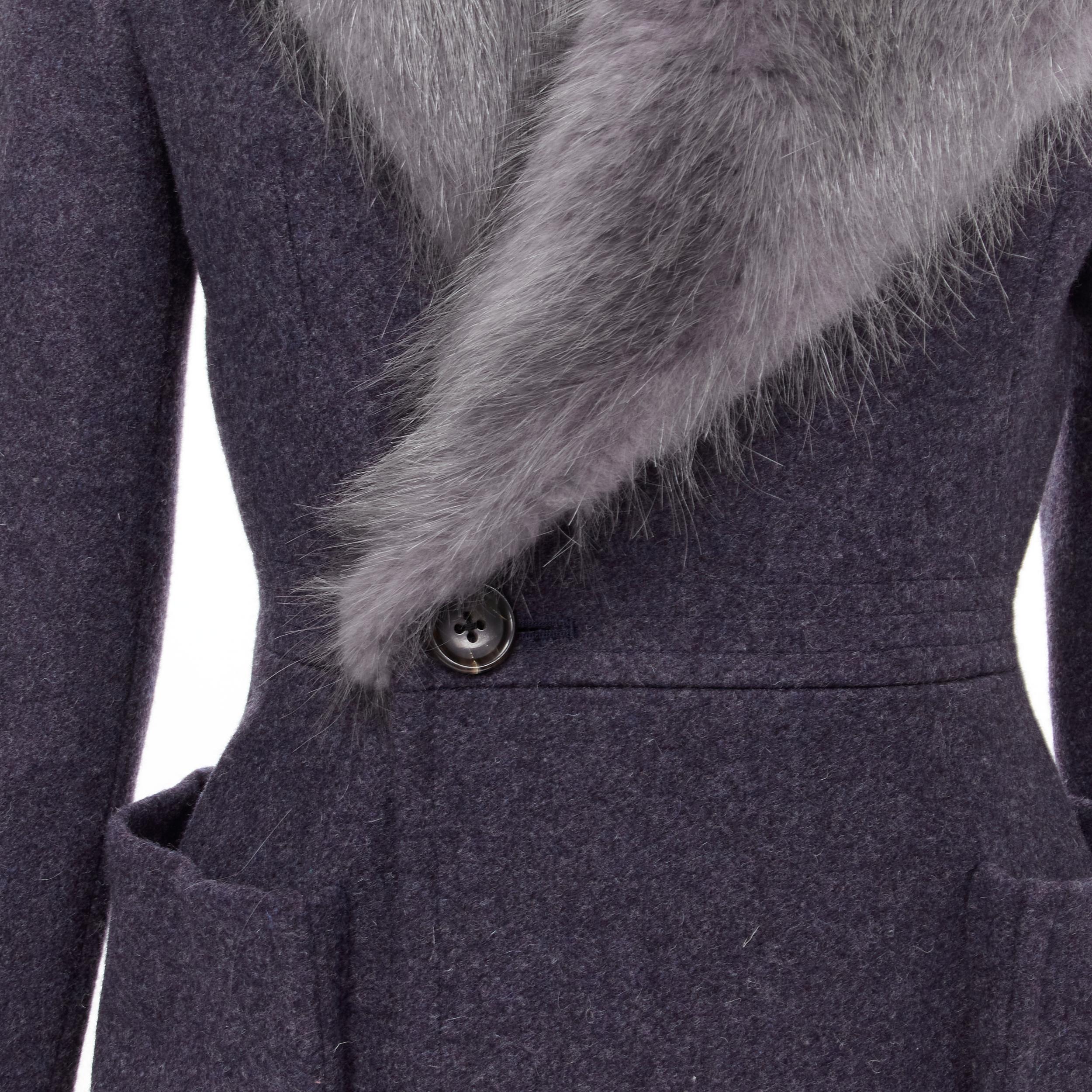 THOM BROWNE grey beaver fur blue collar wool felt silk lined coat JP2 M In Excellent Condition For Sale In Hong Kong, NT