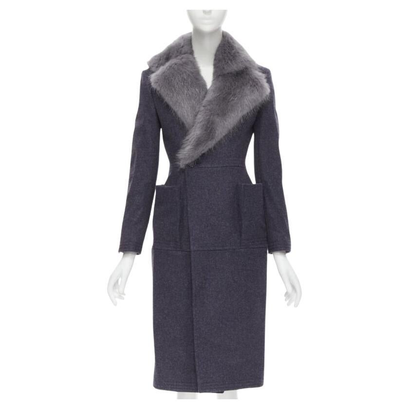 THOM BROWNE grey beaver fur blue collar wool felt silk lined coat JP2 M
